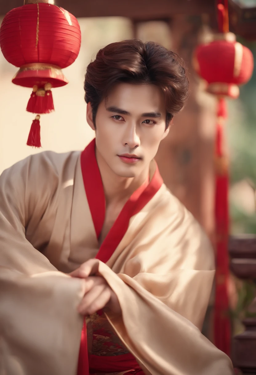 Shy handsome man in brown-haired china clothes