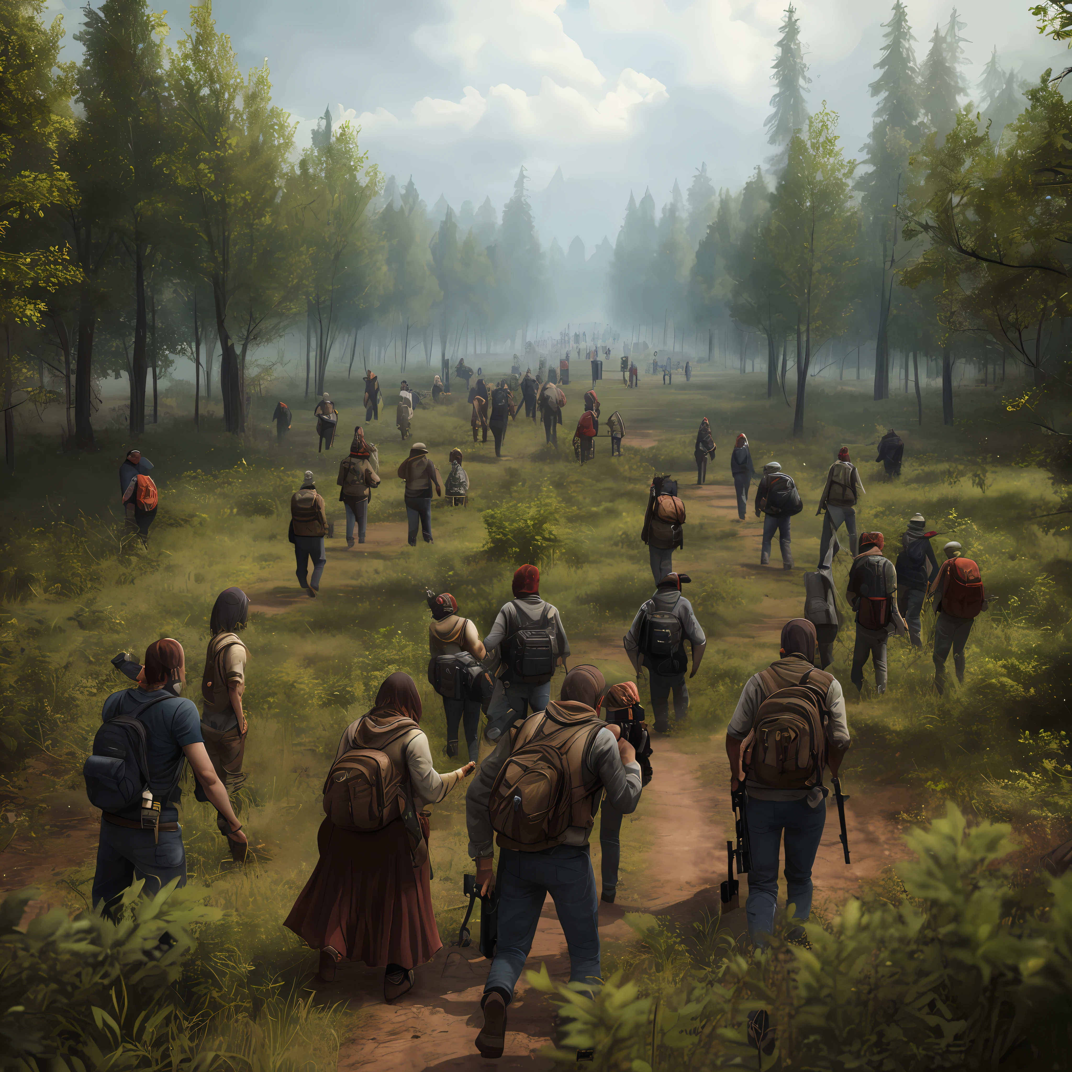 best quality, forest, zombies,full, people, (realistic photo: 1.3), (highly detailed skin: 1.2), 8k uhd, dslr, high quality, high resolution, 4k, 8k, , (realistic: 1.3) --auto