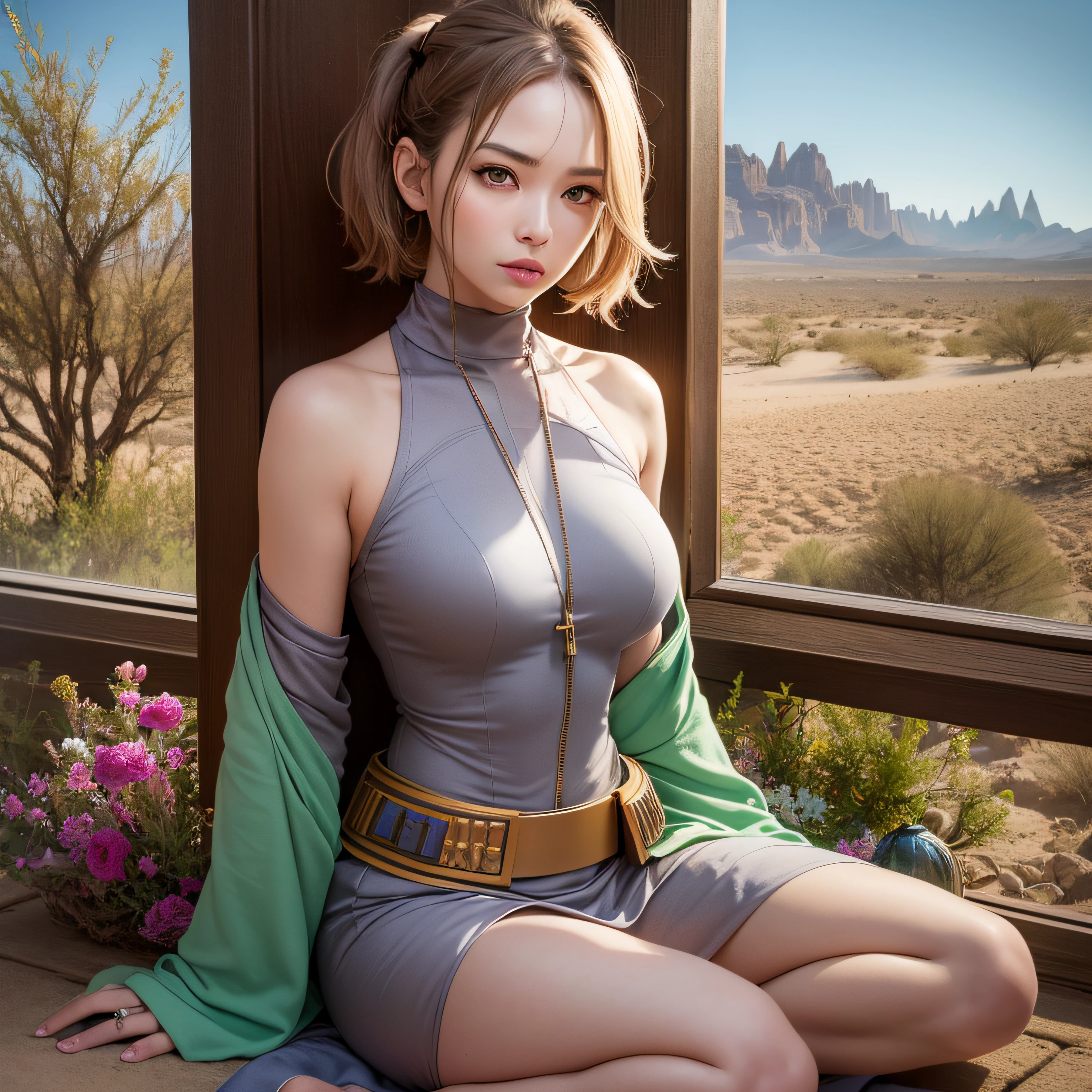 woman, sexy, (Jedi meditation:1.3), serene photo,1girl, Jedi master in deep meditation, in jedioutfit, sitting cross-legged, (desert oasis:1.1), surrounded by blooming desert flowers, harmonizing with the Force, spiritual retreat, transcendent tranquility, desert enlightenment, Absurdres, hdr, ultra detailed illustration, extremely detailed face, RAW photo, film grain, skin pores, trending on deviantart