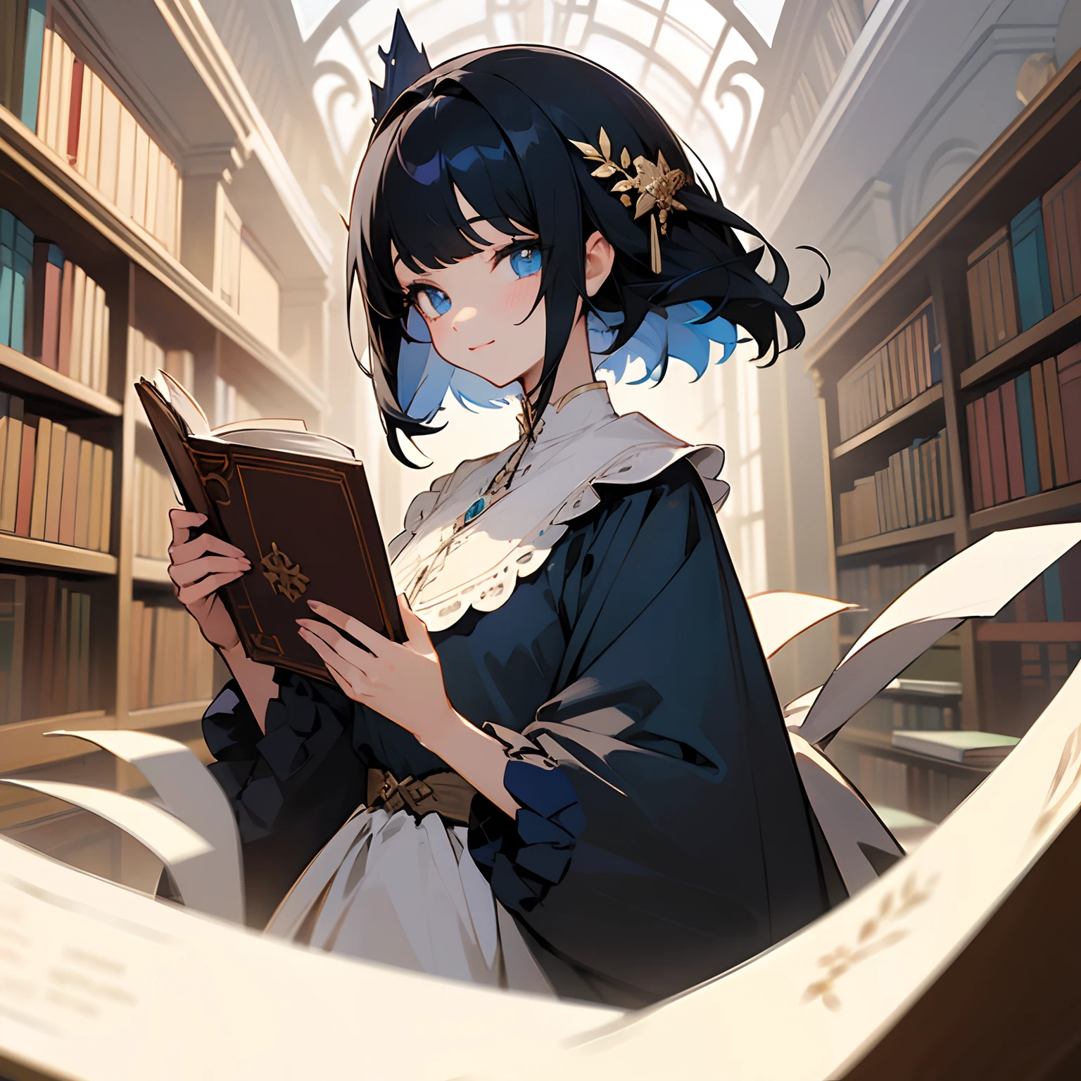 Beautiful illustration、top-quality、girl with、Black hair、shorth hair、hair adornments、Fashionable clothes、blue eyess、A slight smil、(((Delicat eyes)))、Reading books in the library