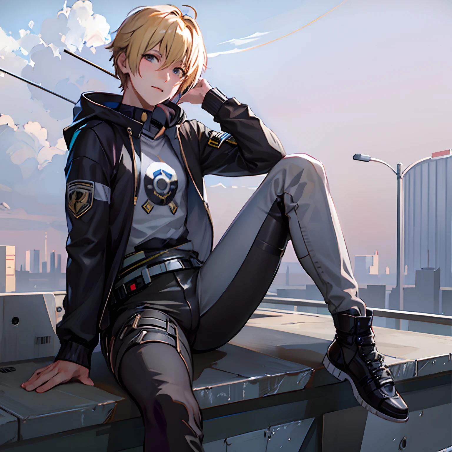 blond haired man sitting on ledge with city skyline in background, handsome anime pose, sits on a rooftop, character photography, set in tokyo rooftop, makoto shinkai ( apex legends ), cinematic outfit photo, anime style mixed with fujifilm, shot on canon eos r5, shot on canon eos r 5, on a rooftop, captured on canon eos r 6, high quality portrait