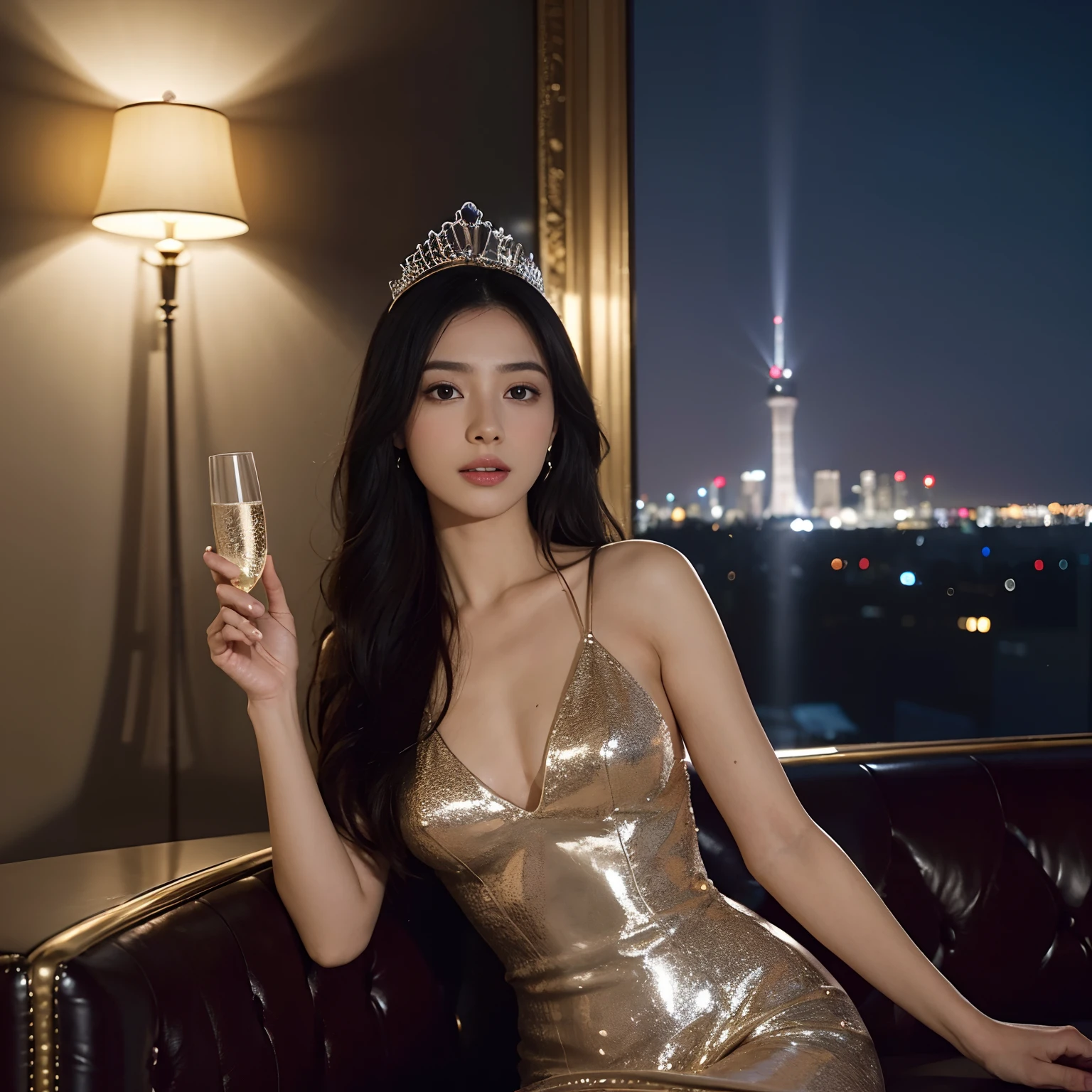 (((nffsw))), (((masutepiece))), (((8K))), (((hight resolution))), (((surrealism))), (((Cinematic lighting))), god rays, Zoom Layer, (((FULL BODYSHOT))), F/4.0, canon, Shiny skin,Detailed skin,Detailed face, Detailed eyes, Goddess of Champagne , Luxury nightclubs, Champagne confetti, See-through champagne silver dress , Champagne tiara, Holding champagne in your hand, Champagne Glass Tower