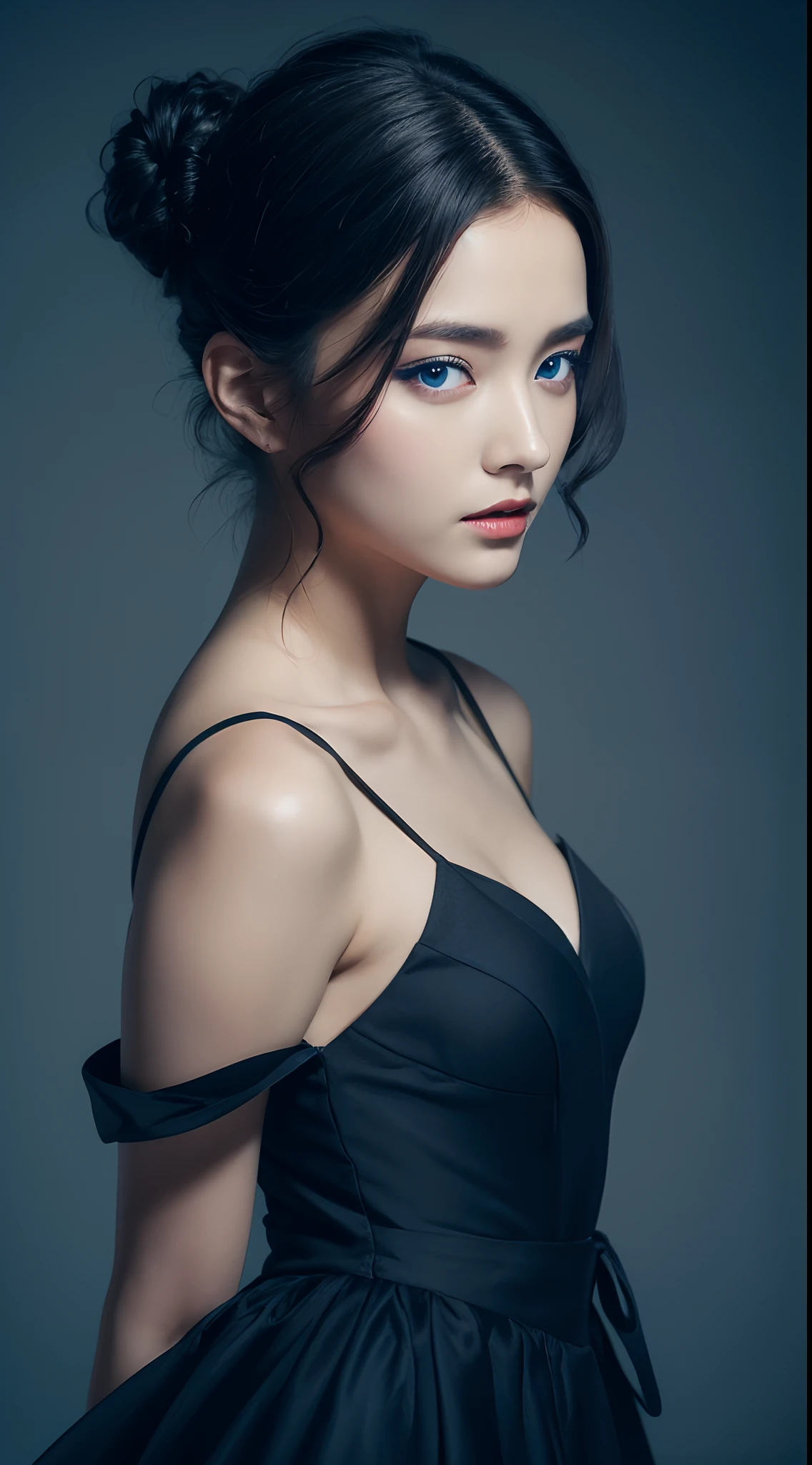 Black updo hair,Dark blue eyes