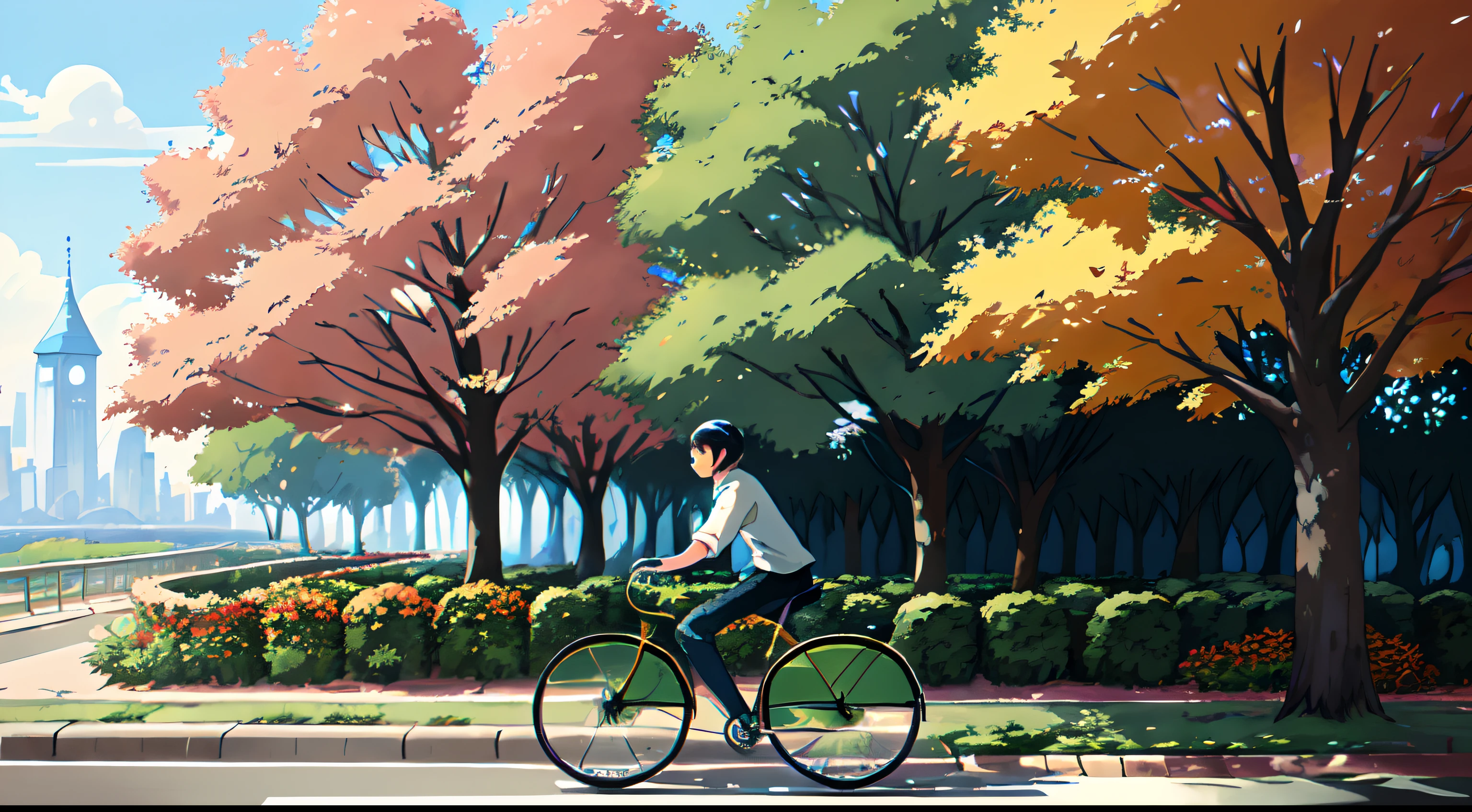 (bicyclette:1.5), (Realistic bike: 1.5), (realistic cyclist: 1.5), Plan en gros plan, Le meilleur des meilleurs, automne, Orange leaves, nature, Landscaped background, ombres, contraste, Makoto Shinkai (beste-Qualit:1.3), (high resolucion:1) Art par Studio Ghibli Style, impressionnisme, couleurs vibrantes