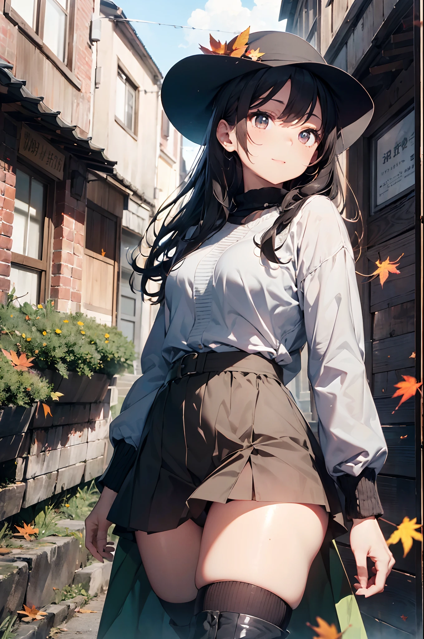 (Official art、Best Quality、Unity 8k Wallpapers、32K、masterpiece、ultra-detailliert、超A high resolution、realisitic、Photorealsitic:1.2)、(Cinematic lighting:1.2)、Fireglow effect、film grains、Best Shadows、Rim lighting、side lights、(Ultra-detailed and complex 3D rendering)、Detailed beautiful face and eyes、(Full body:1.2)、(sideshot、Looking away:1.2)、(Mystical)、Highly detailed background、beauitful face、blurry backround、(super detailed skin、detailed skin textures:1.3)、(Colored leaves、Autumn landscape:1.2)、cowboy shot、Sharp pupils、Realistic pupils、shinny skin、beauitful face、blurry backround、20-year-old beauty、shinny skin、Beautiful shiny black hair、Longhaire、Gray eyes、Hats、Gentle smile、Maxi skirt with a floral pattern、beauty legs、Knitted tops、foco nítido、Black boots