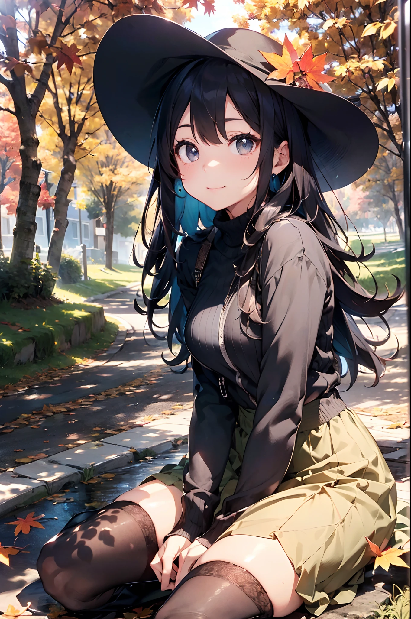 (Official art、Best Quality、Unity 8k Wallpapers、32K、​masterpiece、ultra-detailliert、超A high resolution、realisitic、Photorealsitic:1.2)、(Cinematic lighting:1.2)、Fireglow effect、film grains、Best Shadows、Rim lighting、side lights、(Ultra-detailed and complex 3D rendering)、Detailed beautiful face and eyes、(Full body:1.2)、(sideshot、Looking away:1.2)、(Mystical)、Highly detailed background、beauitful face、blurry backround、(super detailed skin、detailed skin textures:1.3)、(Colored leaves、Autumn landscape:1.2)、cowboy  shot、Sharp pupils、Realistic pupils、shinny skin、beauitful face、blurry backround、20-year-old beauty、shinny skin、Beautiful shiny black hair、Longhaire、Gray eyes、Hats、Gentle smile、Maxi skirt with a floral pattern、beauty legs、Knitted tops、foco nítido、Black boots