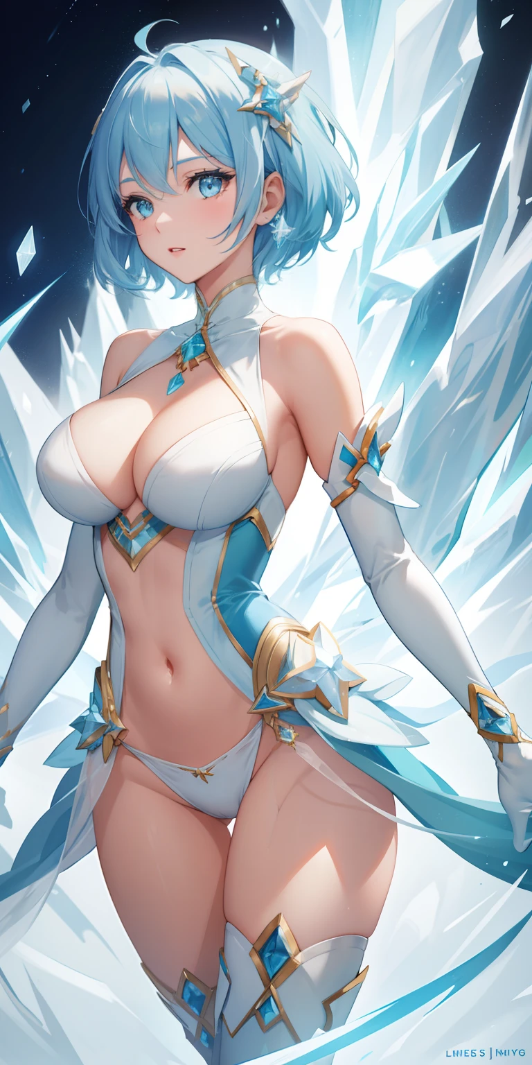 1 girl , short hair, light blue hair, princess of ice outfit, ice, sexy, thighs, glowing, sidelighting, wallpapers