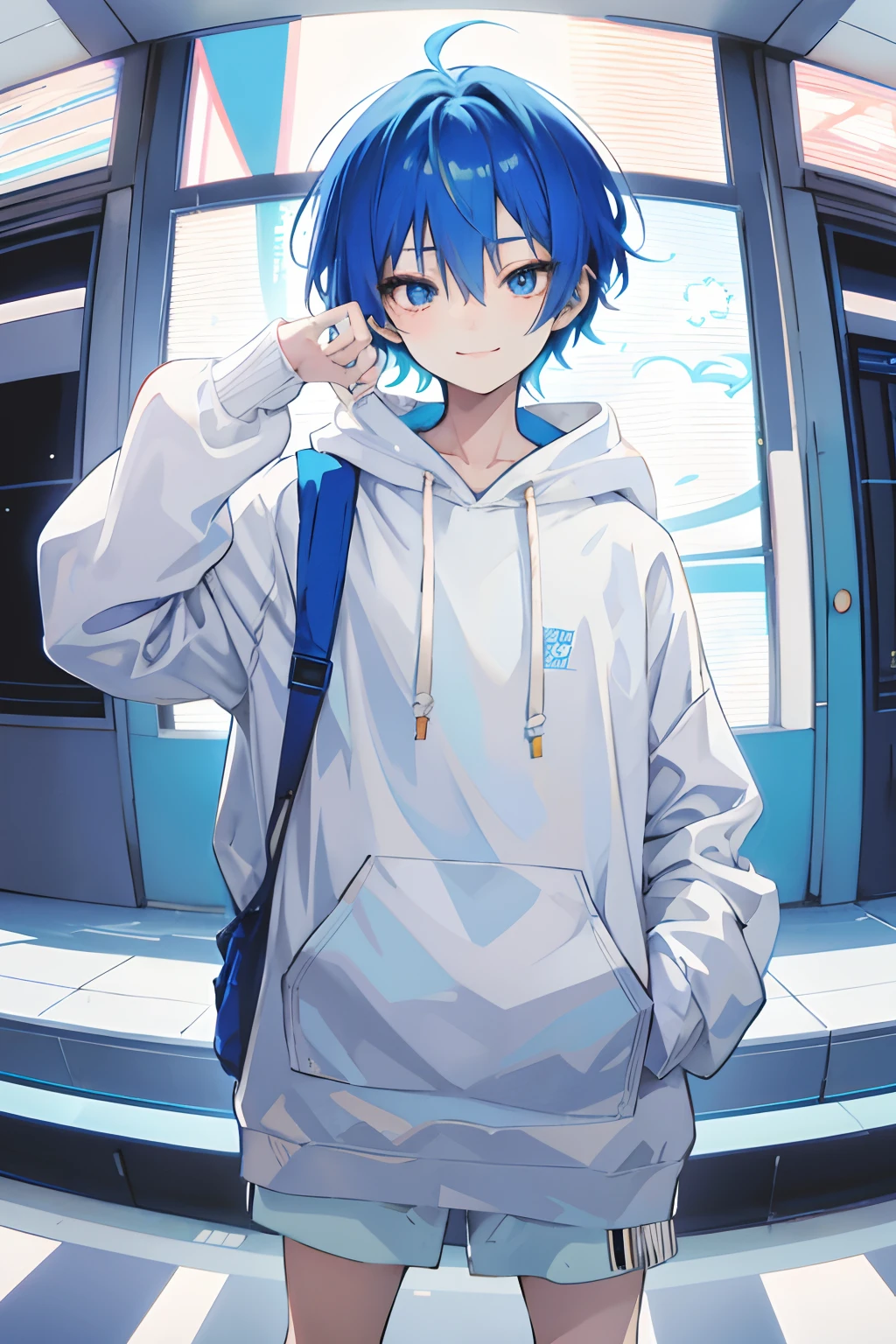 1 ,Anime Boy, Blue hair,short-cut,White hoodie, Art style of the 1990s, Puppy eyes, Pose to look straight at the viewer, little smiling, Stand up straight