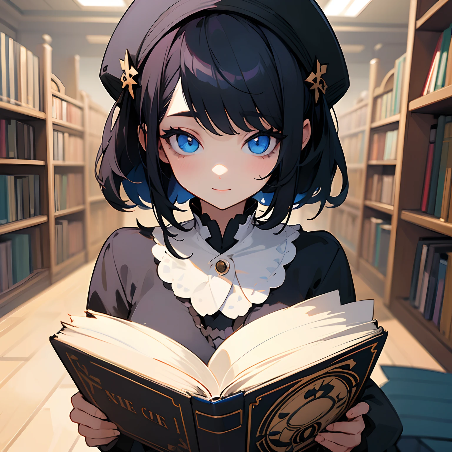 Beautiful illustration、top-quality、girl with、Black hair、shorth hair、hair adornments、Fashionable clothes、blue eyess、A slight smil、(((Delicat eyes)))、Reading books in the library