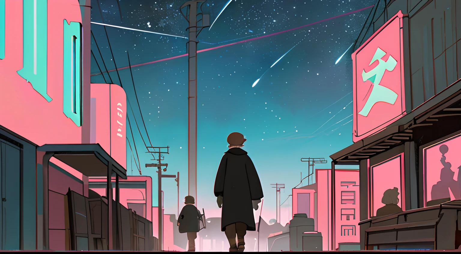 (masutepiece), (Best Quality), (Best Detail), (Distant general perspective), (The main color of the illustration: Pastel Blue), (Secondary color: Saturated dark pink), Vintage advertising poster with Soviet-style letters 60', print, Seal Company M Futuristic scenario of dirty and old alley west, At night (Sky with lots of stars), clean, Busy atmosphere, Shaded (Detailed, A lot of contrast),  saturated pulp color,
