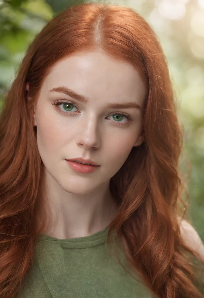 age redhead haired beautiful woman with green eyes and long hair, digital art by Kurt Roesch, shutterstock, digital art, dream girl with green eyes, soft portrait shot 8 k, with red hair and green eyes, beautiful realistic face, realistic beautiful face, detailed beauty portrait, photorealistic beautiful face, realistic digital painting, beautiful redhead woman, red hair and attractive features