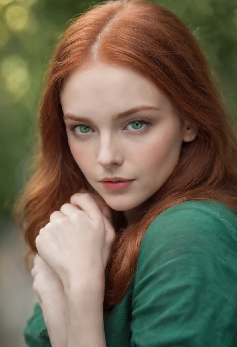 teenage redhead haired beautiful woman with green eyes and long hair, digital art by Kurt Roesch, shutterstock, digital art, dream girl with green eyes, soft portrait shot 8 k, with red hair and green eyes, beautiful realistic face, realistic beautiful face, detailed beauty portrait, photorealistic beautiful face, realistic digital painting, beautiful redhead woman, red hair and attractive features