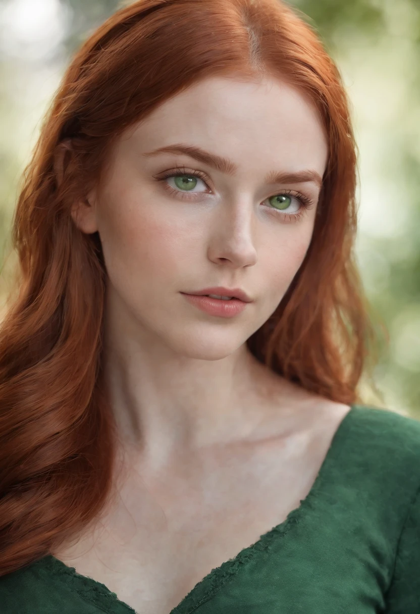 teenage redhead haired beautiful woman with green eyes and long hair, digital art by Kurt Roesch, shutterstock, digital art, dream girl with green eyes, soft portrait shot 8 k, with red hair and green eyes, beautiful realistic face, realistic beautiful face, detailed beauty portrait, photorealistic beautiful face, realistic digital painting, beautiful redhead woman, red hair and attractive features