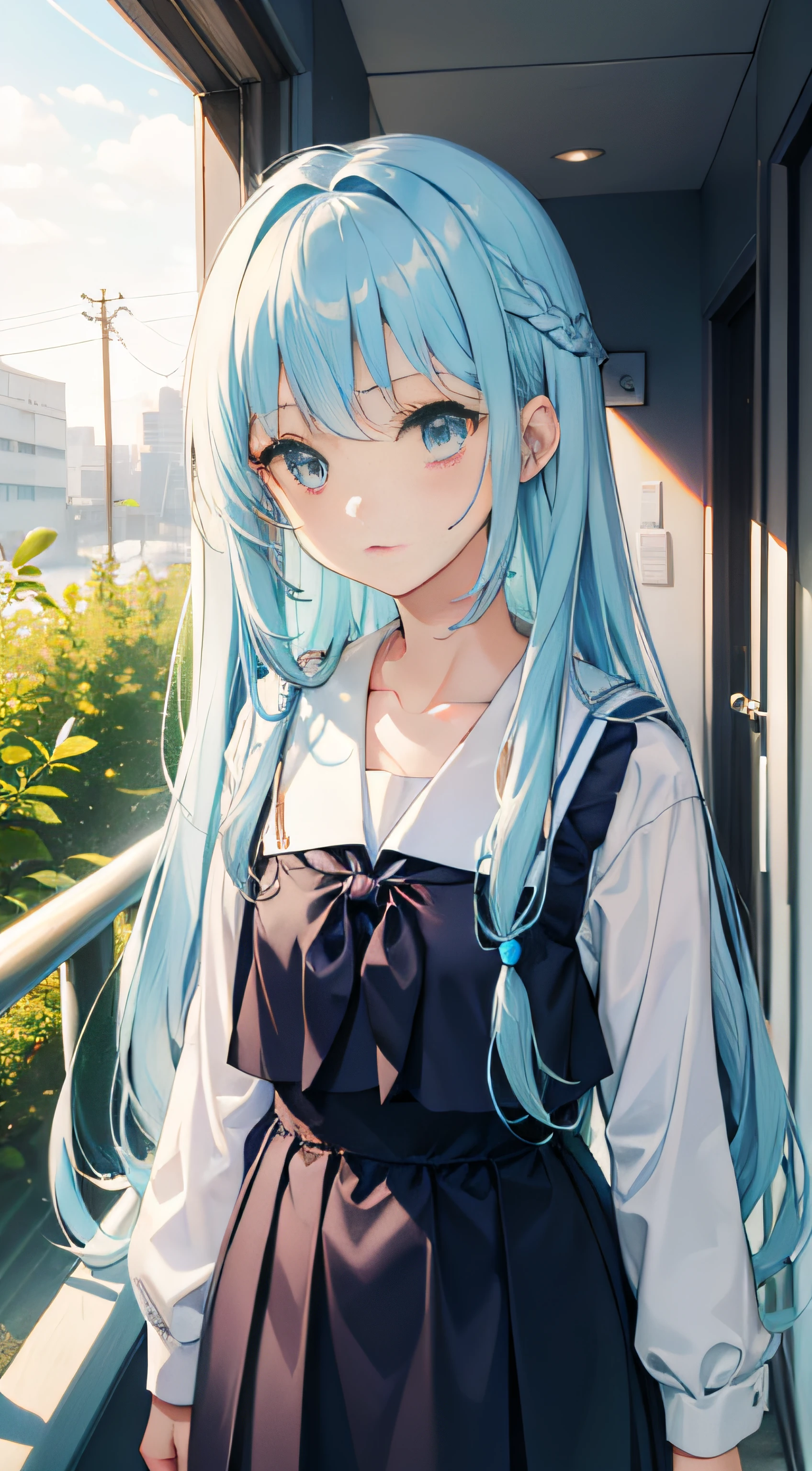 ，Long light blue hair，It was like freshly washed，The eyes are slightly lighter than the color of the hair，A little loli like an idol，in school uniform，Medium build，Stand in the restroom