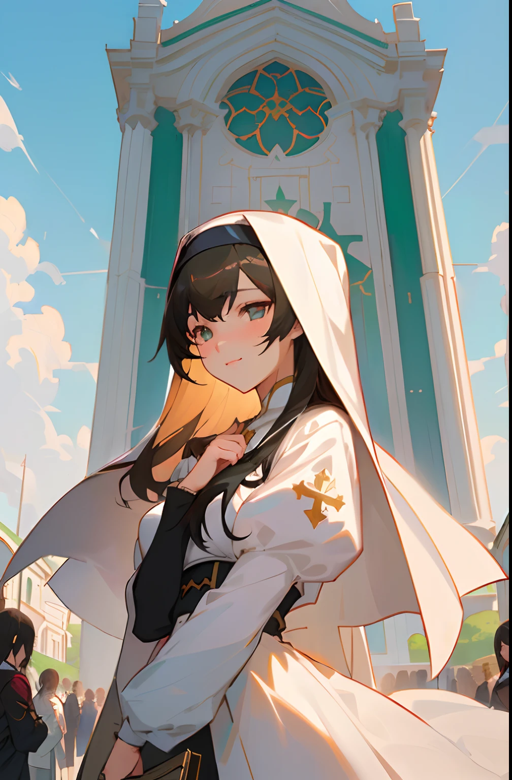 The anime characters first stand in front of the church in nun costumes，HighestQuali，Delicate pupils,ssmile ，The right hand was cut off，krenz cushart and artgerm, Guweiz in Pixiv ArtStation, Guweiz on ArtStation Pixiv, Artgerm and Atey Ghailan, Guviz-style artwork, Kushatt Krenz Key Art Women, krenzcushart，Rosemary is growing