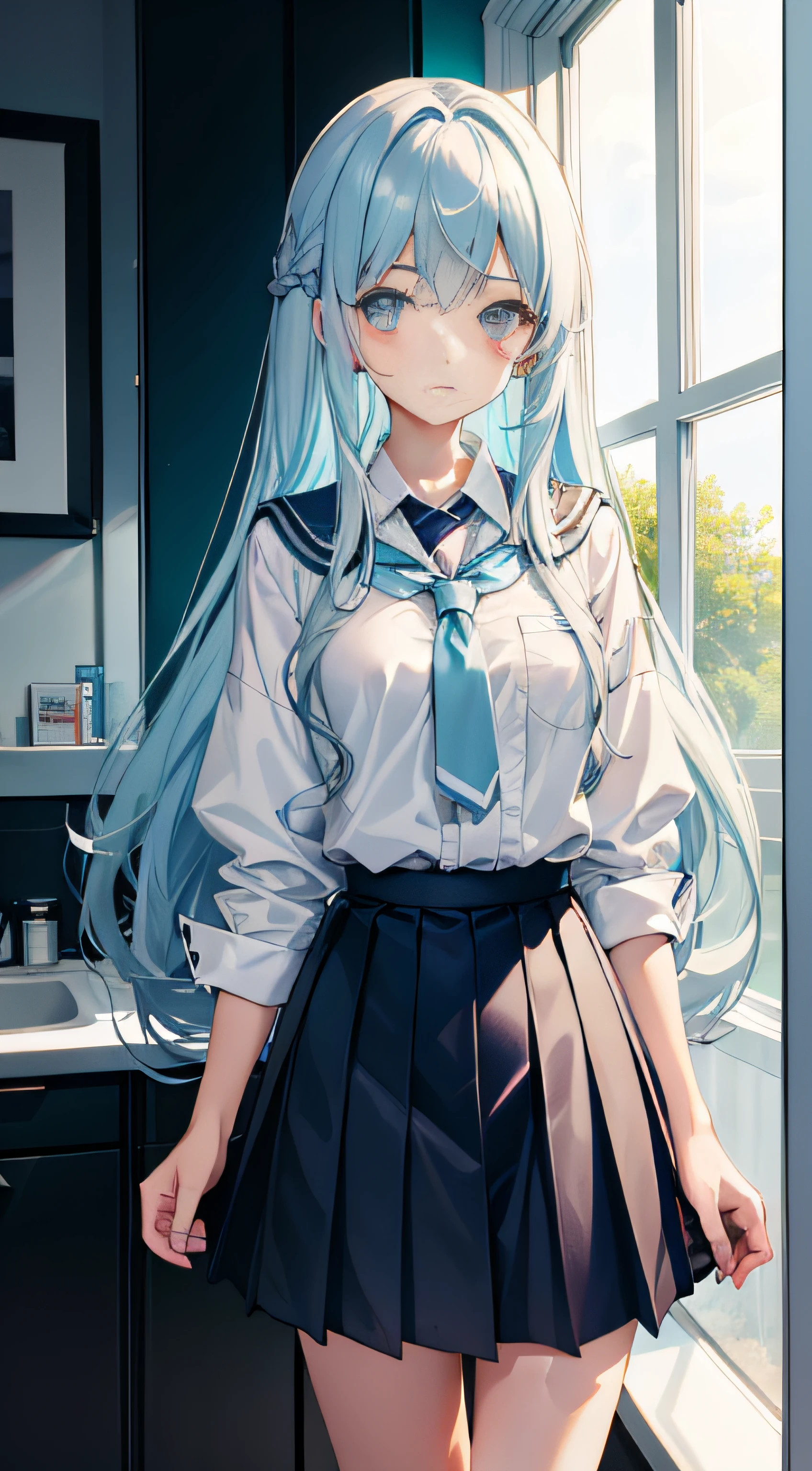 ,Long light blue hair,It was like freshly washed,The eyes are slightly lighter than the color of the hair,A little li like an idol,in school uniform,Medium build,Stand in the restroom