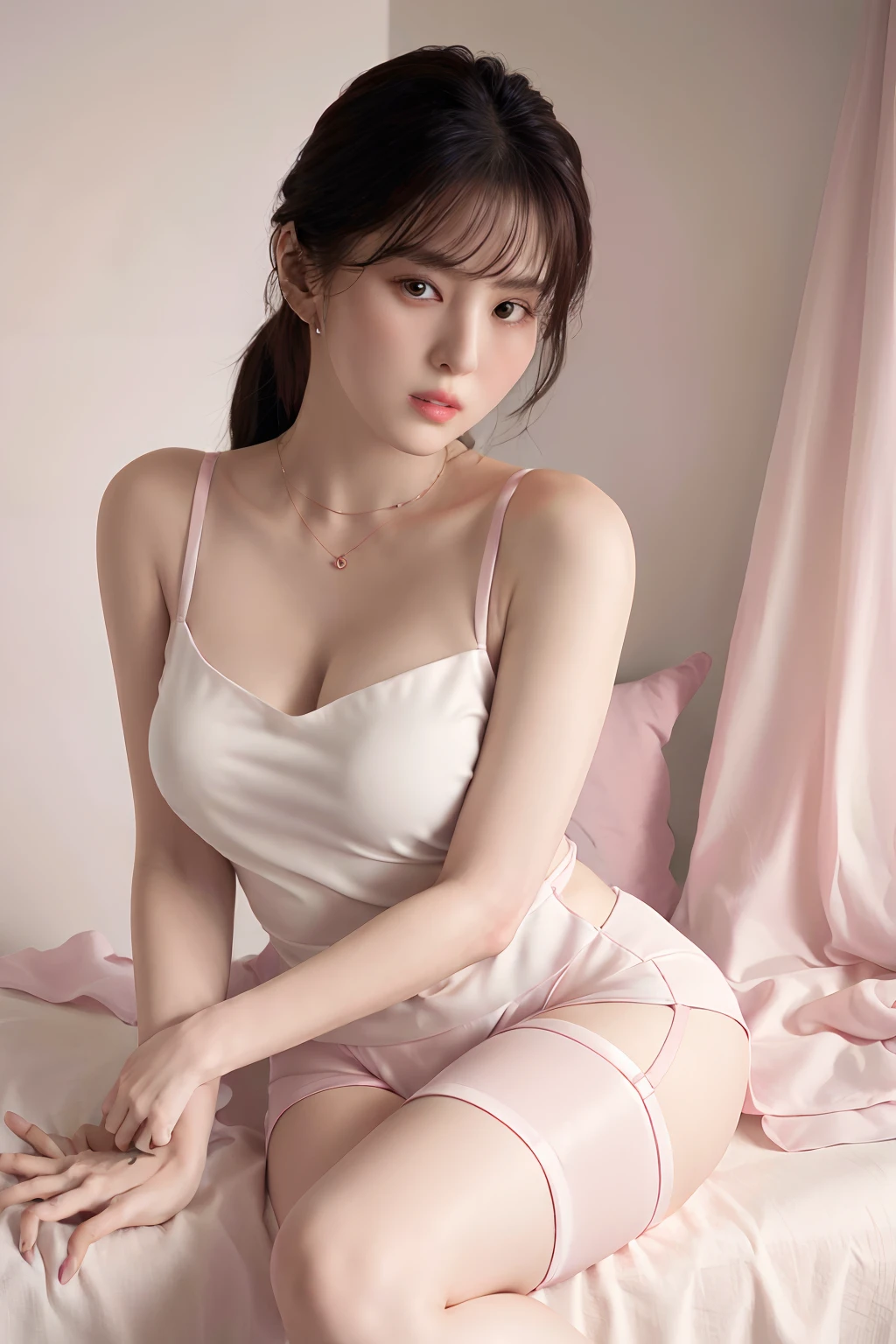 realisticlying，8K，super realistic details，Sharp Focus，Delicate skin，（Outside，Typically、Comfortable with soft lighting），（Purple miniskirt，Pink lingerie，Red heels，statement necklace），very detailed face and eyes，（Large breasts)，Wear white stockings，long white curly hair，station