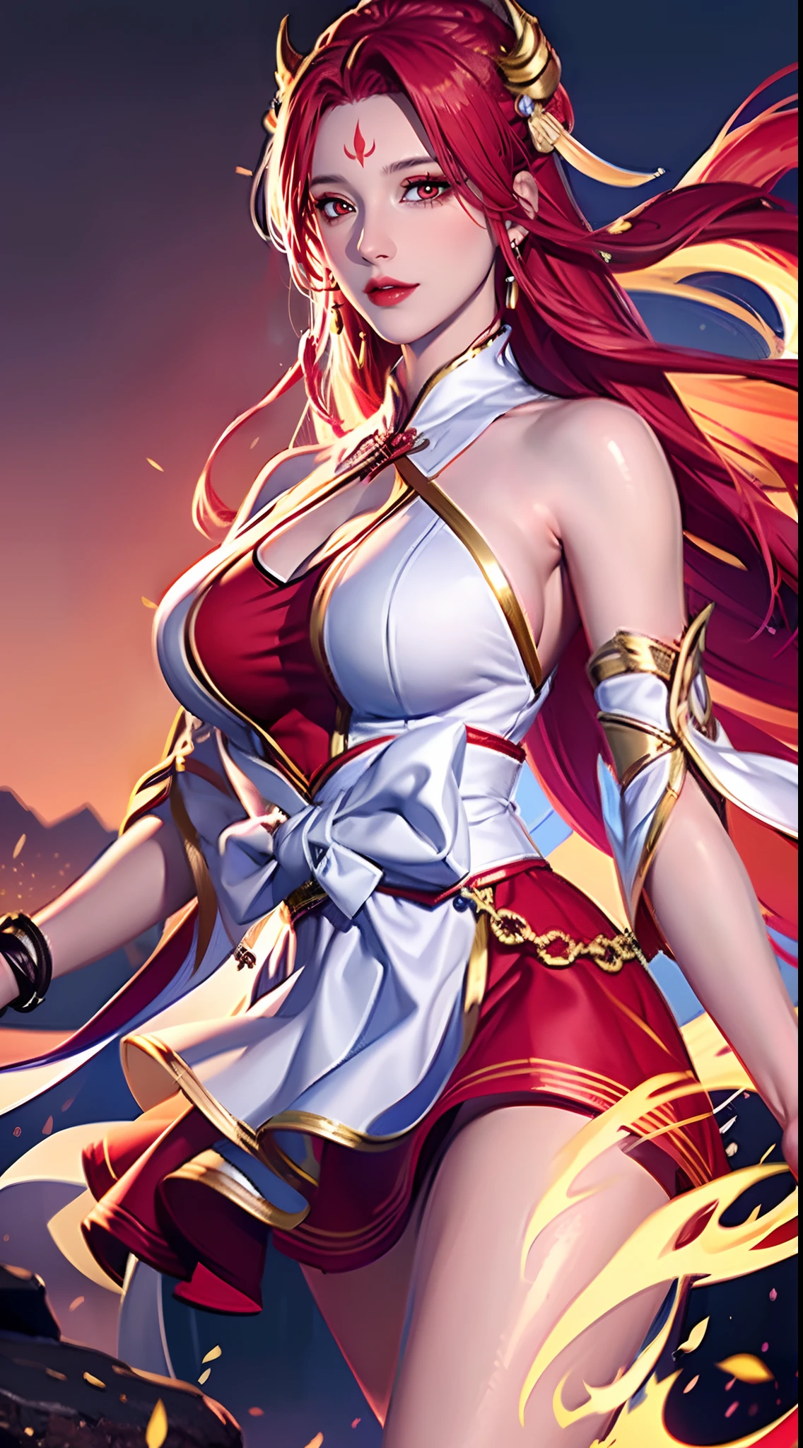 a close up of a woman in a red dress with a sword, ahri, ahri from league of legends, portrait of ahri, onmyoji detailed art, onmyoji, samira from league of legends, extremely detailed artgerm, style artgerm, artgerm detailed, artgerm style, as seen on artgerm, (huge breast: 1.8)
