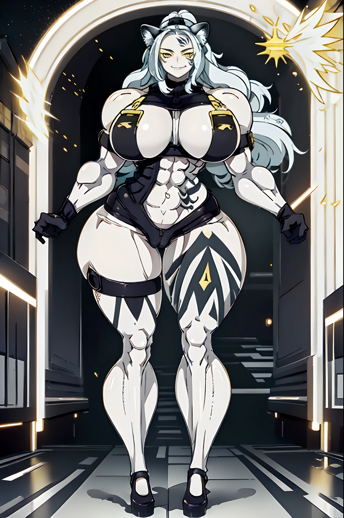 sandy, white hair, animale ears, animal ear fluff, left face tattoo yellow eyes, abs, muscular,ponytail tattoo, fang, elbow gloves, black bodysuit, black thighhighs, tight, clothing t, large breasts,hips. covered , spread legs, from below, standing,night, streets, solo, (insanely detailed, beautiful detailed face,beautiful detailed eyes, masterpiece, best quality) serious,full body, standing, feet, pants, pullover, feet,curvy,,forest,Venus Body,smile, very curvy, grey lipstic, bra,