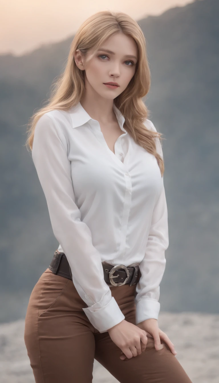 Ott style, shingeki no kyojin,, , Krista Lentz,, 1girll, belt, belt buckle, Blonde hair, Blue eyes, brownfootwear, Brown pants, Buckle, Chest belt, Collared shirt, Diamond (Shape), Floating hair, From the side Side, full bodyesbian, greybackground, hair between eye, hands on own thighs, Long hair, Long sleeves, watching the future, Own hands together, Pants, parted lip, shirt, shoes, Sitting, Solo, Sparkle, Star (symbol), thigh band, White shirt, , , ((Masterpiece)), Best quality, ,