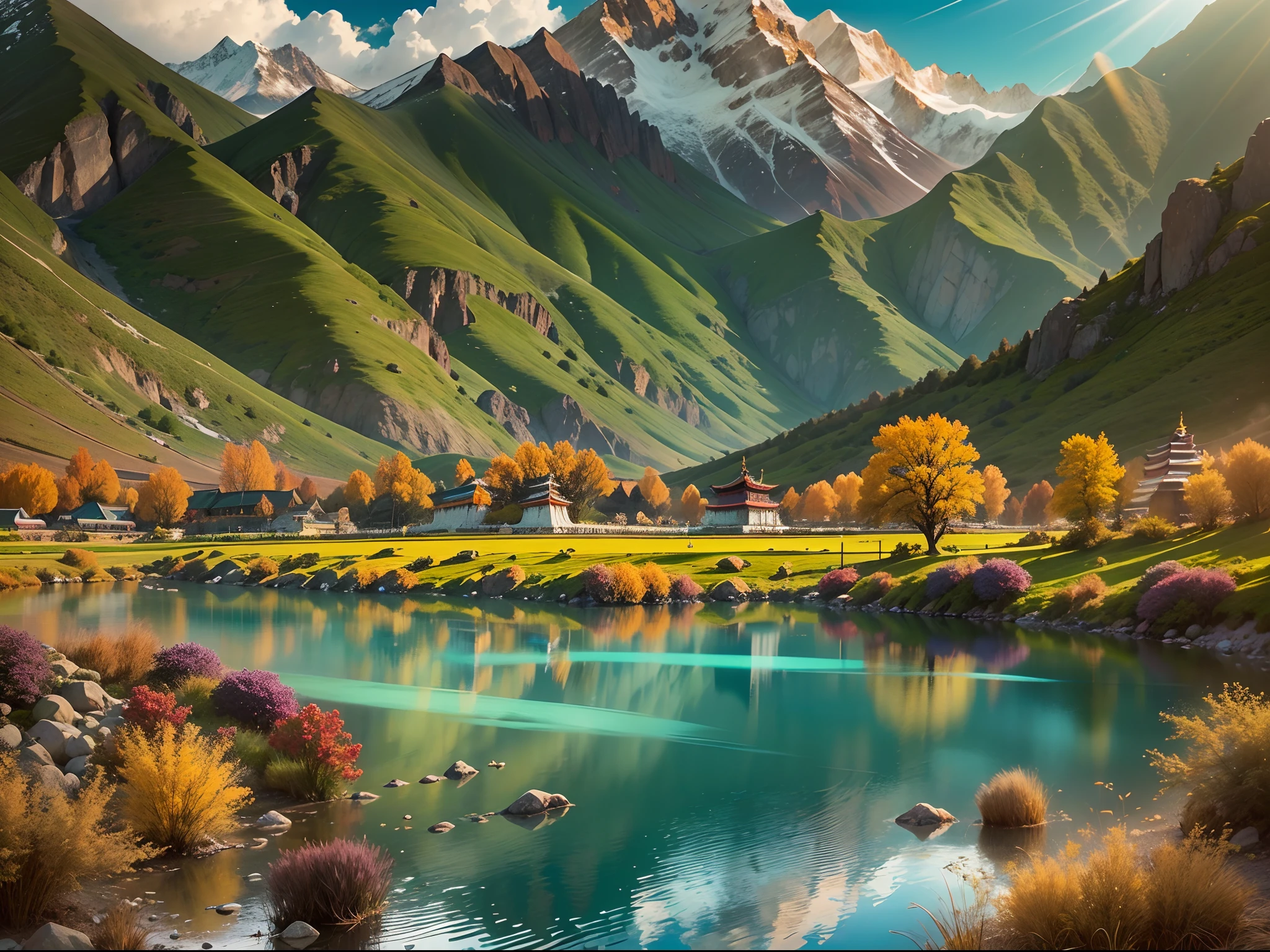 (Best quality,4K,8K,A high resolution,Masterpiece:1.2),Beautiful landscape painting,Photography,Tibet,Tibetan culture,Tibetan landscape,Peaceful mountains,Clear blue sky,Warp flags flutter in the wind,Snow-covered peaks,golden rays of sunlight,Peaceful atmosphere,Traditional Tibetan costumes,Colorful traditional umbrellas,Breathtaking landscapes,Dramatic cliffs,Enchanted Valley,Pristine lake,Reflection of mountains in the water,Vibrant green meadows,Herds of yaks grazing,Spiritual journey,The ancient monastery is decorated with prayer wheels and colorful ornaments,The majestic Potala Palace,Peaceful Buddhist temple,A roof covered with prayer flags,A monk of peace in a maroon robe,Sweet smell,peacful,Harmony with nature,A deep connection to spirituality and culture