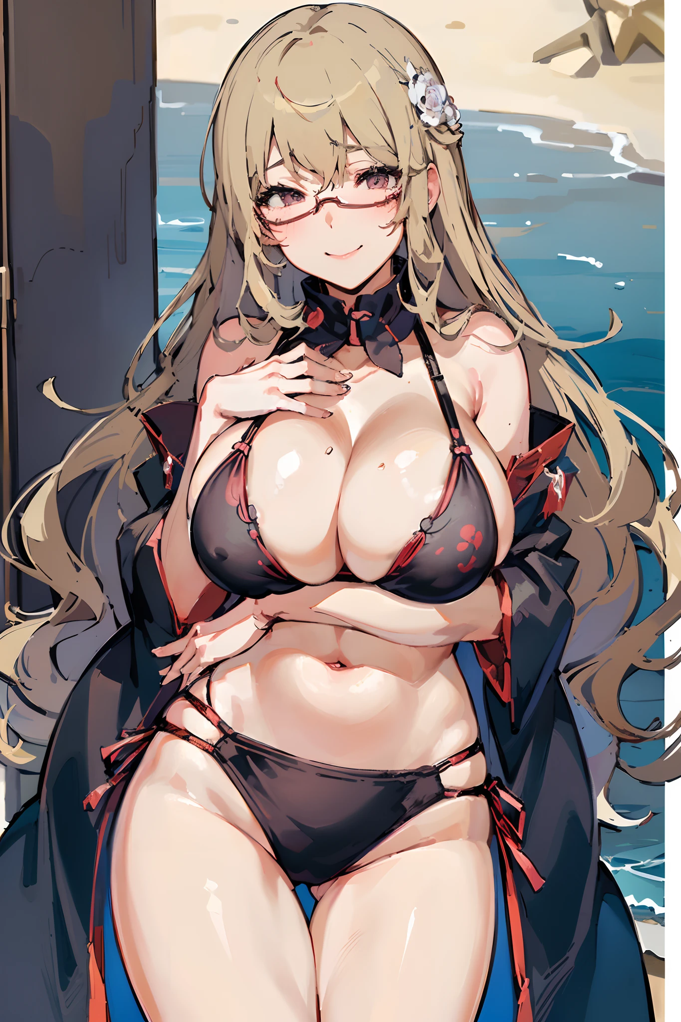 Ayane Rugetsu,(eye glass、Long hair、blondehair)、(high-level image quality、masutepiece、hight resolution、4K,8K,Official art:1.1),girl with,The bikini、the beach、(pressed breasts、squeezed breasts、Huge breasts:1.4),Smile,blush