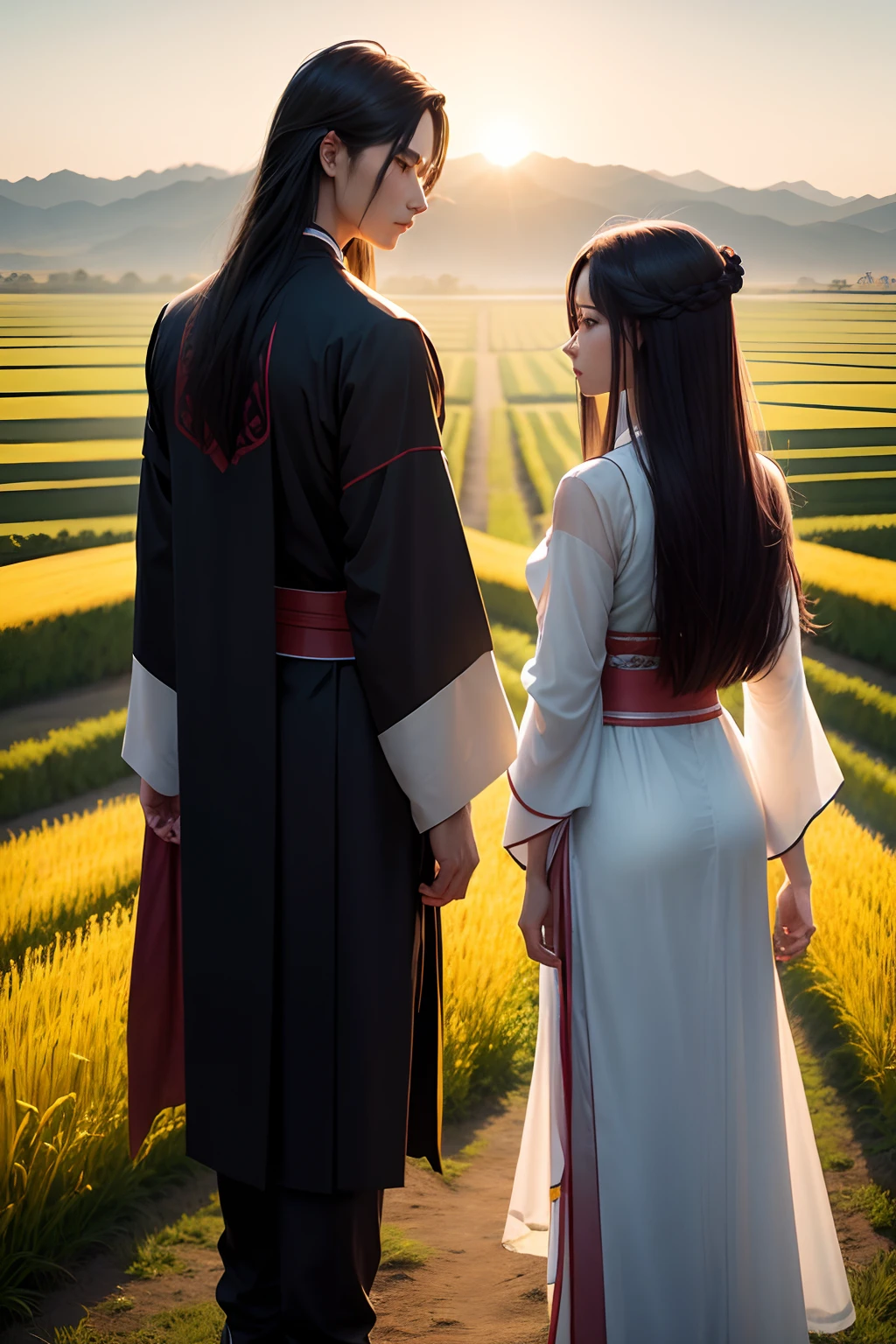 a young man and a woman,Back Shadow,Wearing Hanfu,Wearing long hair,Stand side by side,Green wheat fields in the background