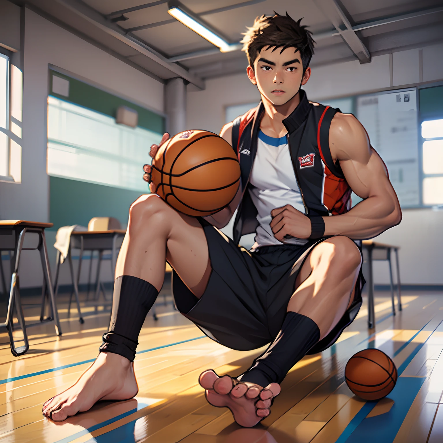 Sports student, basketball suit, vest, a youth, Asian, high school student, classroom, brown skin, serious expression, hot air, shut up, holding basketball, abs, full body, single, barefoot, smelly feet, athlete's foot, black socks, sit, take off pants, muscular