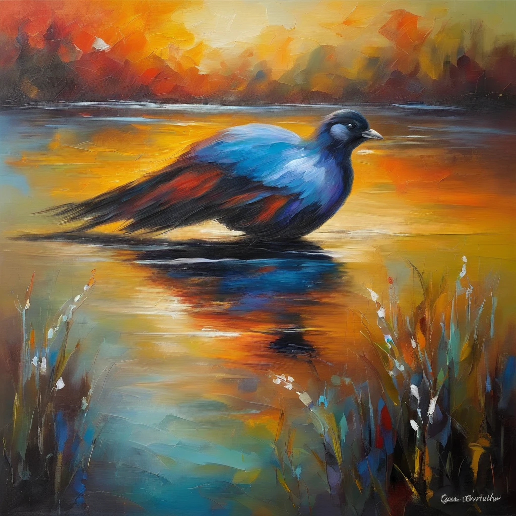 #image painting of a bird sitting on a branch in a lake, in a serene landscape, oil painting in a modern style, peaceful landscape, bright colors oil on canvas, peaceful scene, luminescent oil painting, oil painting with brushstrokes, serene scene, peaceful mood, beautiful art uhd 4 k, beautiful oil painting on canvas, smooth oil painting, vibrant oil painting