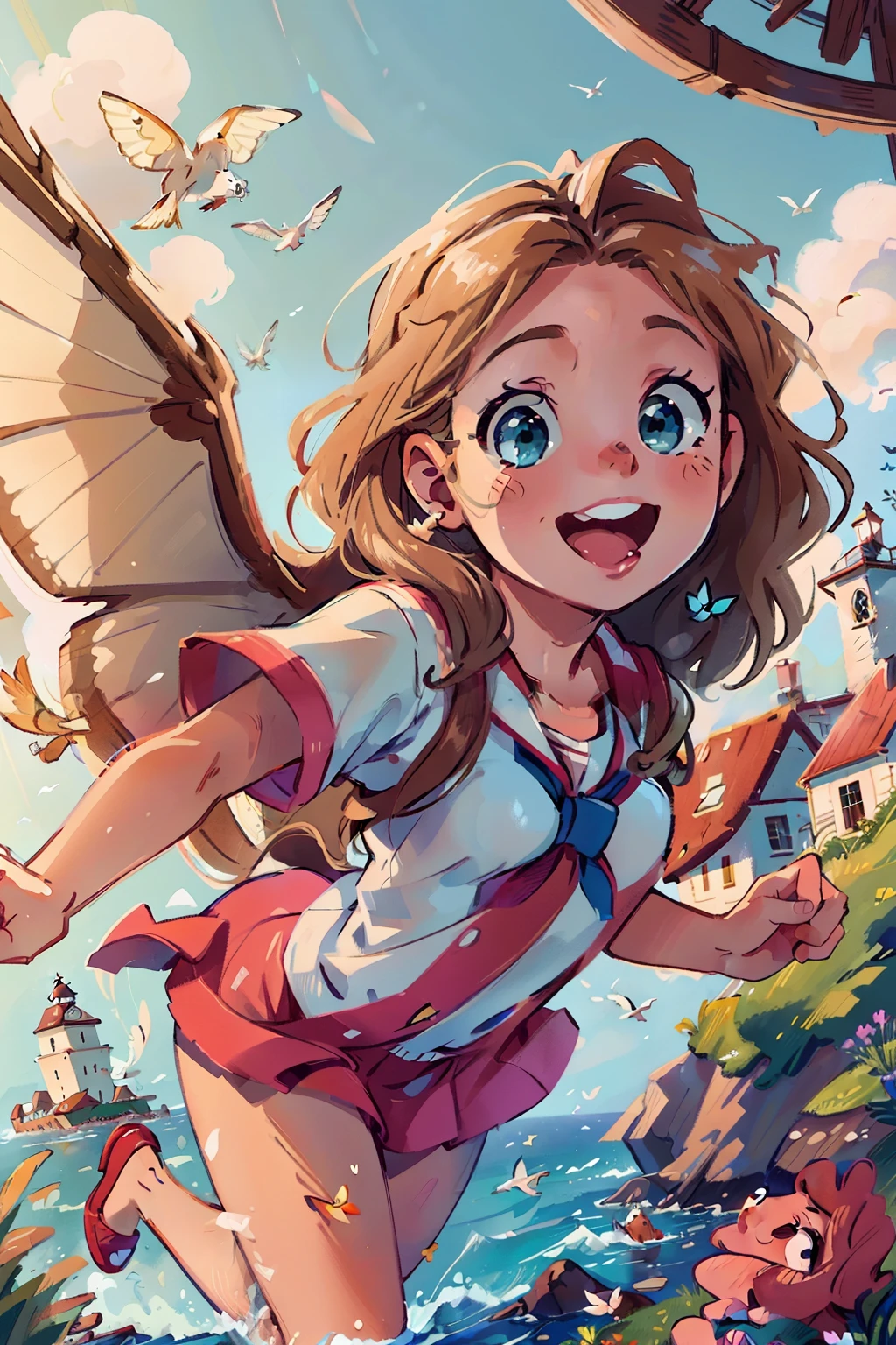 (best quality,4k,8k,highres,masterpiece:1.2),ultra-detailed,(realistic,photorealistic,photo-realistic:1.37),watercolor and oil painting,soft brush strokes,seaside,windy weather,detailed ocean waves,sparkling water reflection,vibrant colors,brilliant sunlight,clear blue sky:sunny,fluffy white clouds,happy atmosphere,playful giggles,innocent smiles,freedom and adventure,nautical theme,sailboat ride,crisp sea breeze,navigating the waves,girls in pink and blue sailor outfits:1.1,dainty,flowing dresses,blonde and brunette hair:bouncy and wavy,beautiful detailed eyes,cute button noses,rosy cheeks,giggling sound,laughter,joyful expressions,carefree attitude,holding each other's hands,jumping up and down,excitement,seagulls soaring above:playfully swooping,flittering colorful butterflies:dancing around,fluttering their wings gently,floating wildflowers,fish swimming beneath the boat,ditzy lighthouse in the distance:majestic and tall,striped red and white,guiding light at twilight,soft sunset hues:pinks,oranges,purples,peaceful ambiance,calm sea,optimal lighting,magical atmosphere.