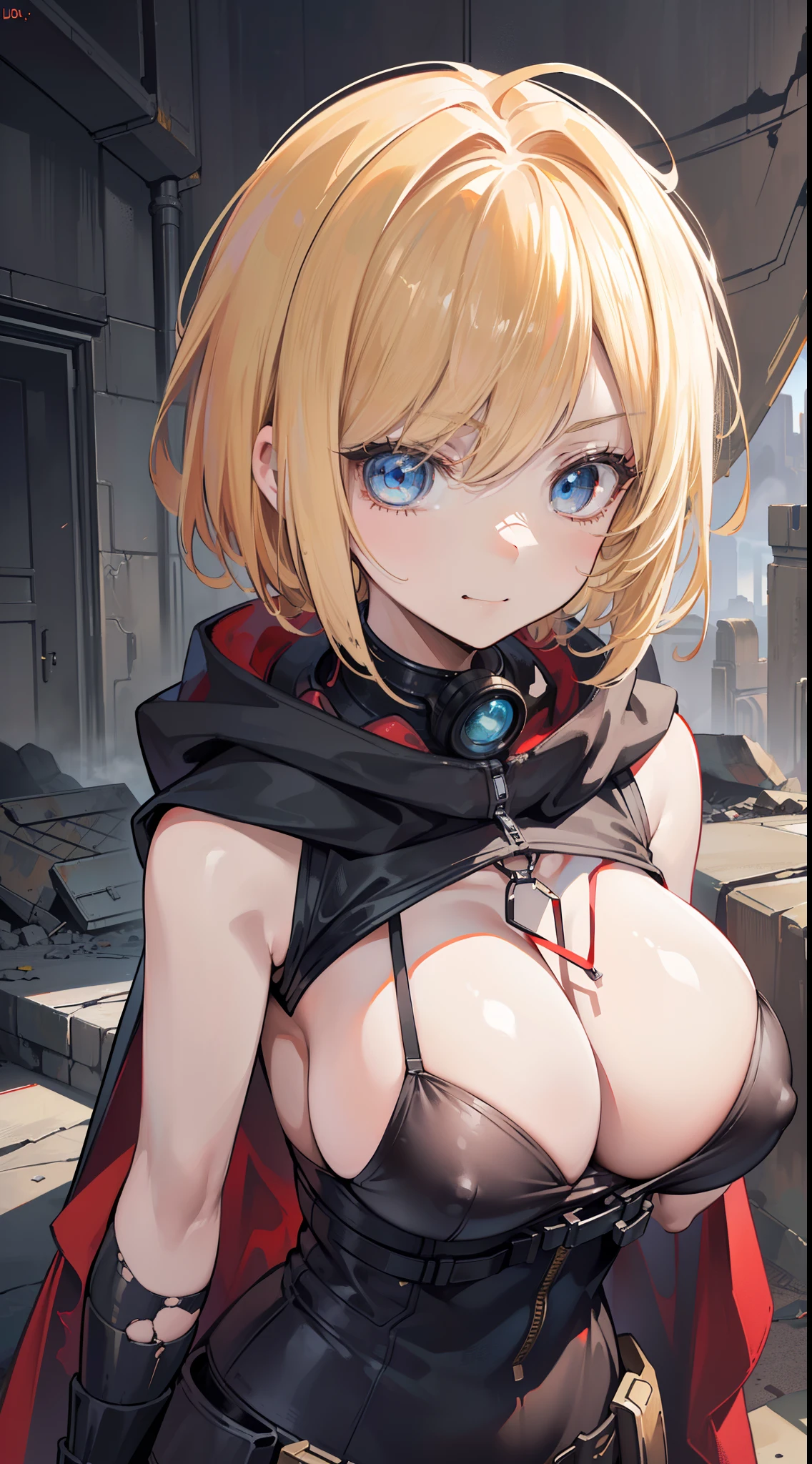 Detailed, ，The blonde，short detailed hair，(ssmile)Shader style, Masterpiece, Best quality, 1girll, Solo, Slim, school, indoor, , full bodyesbian, ((( A character in a post-apocalyptic world))), Personality engaged in housework, (((( huge tit))), ((Beautiful simple anime eyes)), ( The most horrible face)), ( Wasteland is visible), ((Damaged clothes)), (( Cloak clothes),(( canyons, red rocks))) , Village ,(Sit aside), whole-length, ( Gloomy and realistic color correction))), ((A near-apocalyptic tank)), (((  Very indignant face))), Good anatomy, (((Little people in their careers)))