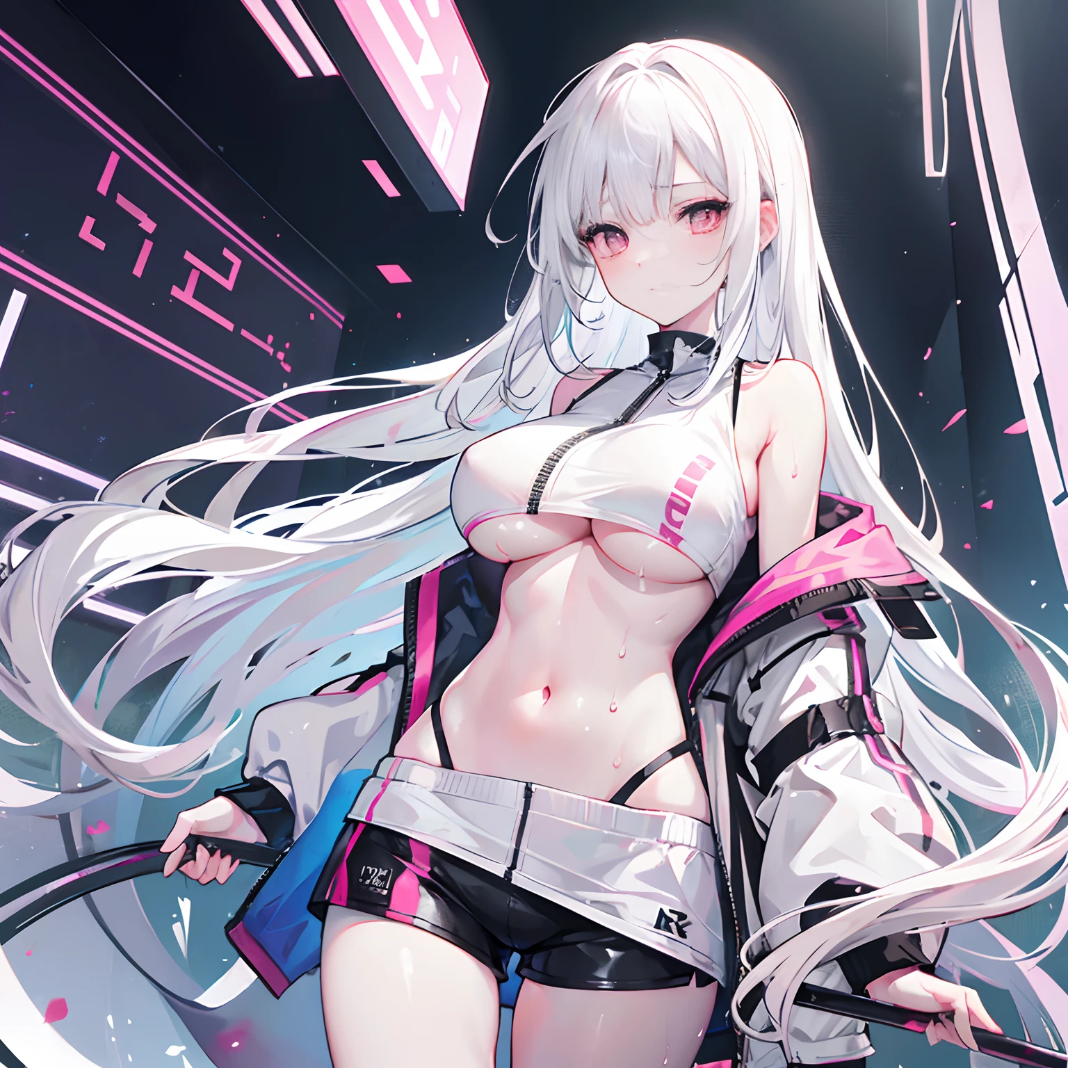 Long pale silvery-white hair scattered，dual horsetail，Pink eyes，Loving pupils，Girl，huge tit，White sports shorts，white off-shoulder tops，The clothes were soaked with sweat，The top is not zipped，