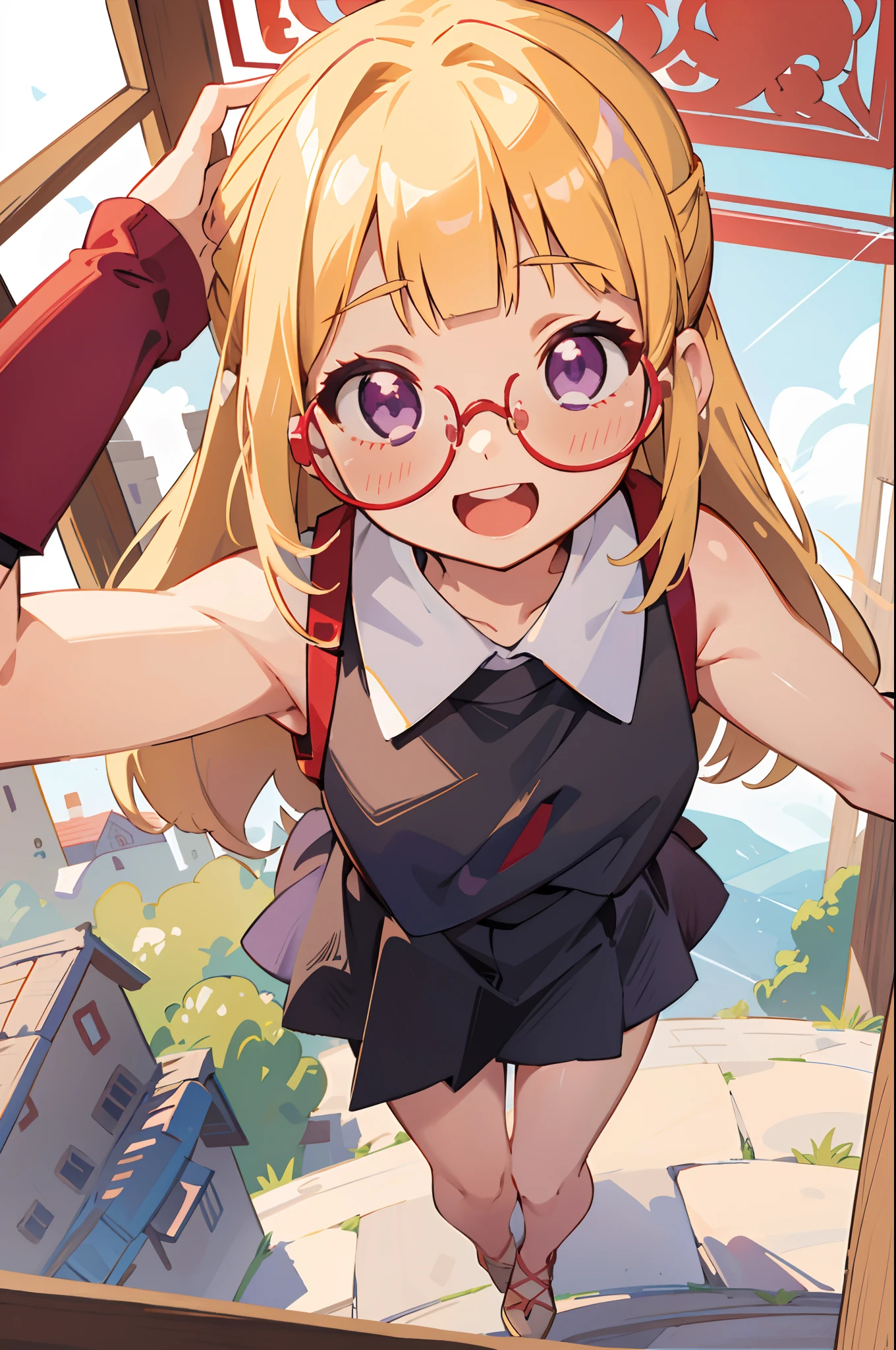 Anime girl with glasses and a backpack walking down a street - SeaArt AI