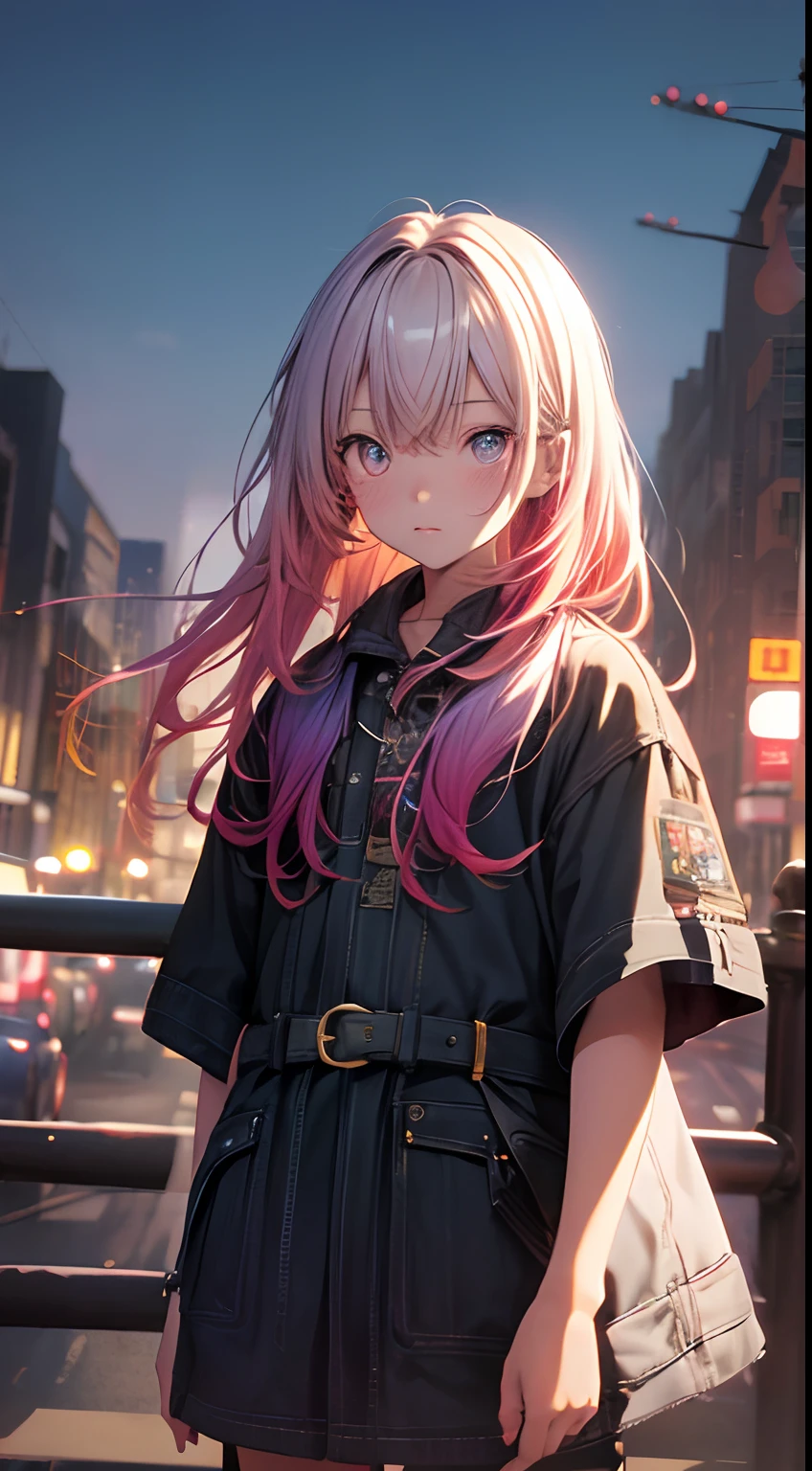 NY, (gradient hair, dutch angle:1.3), film grain, chromatic aberration, city, masterpiece, best quality, raw photo, photorealistic, absurdres, 1girl, cute, perspective, cowboy shot, highres, ultra detailed, detailed eyes and face, sharp pupils, realistic pupils, sharp focus, summer, night,