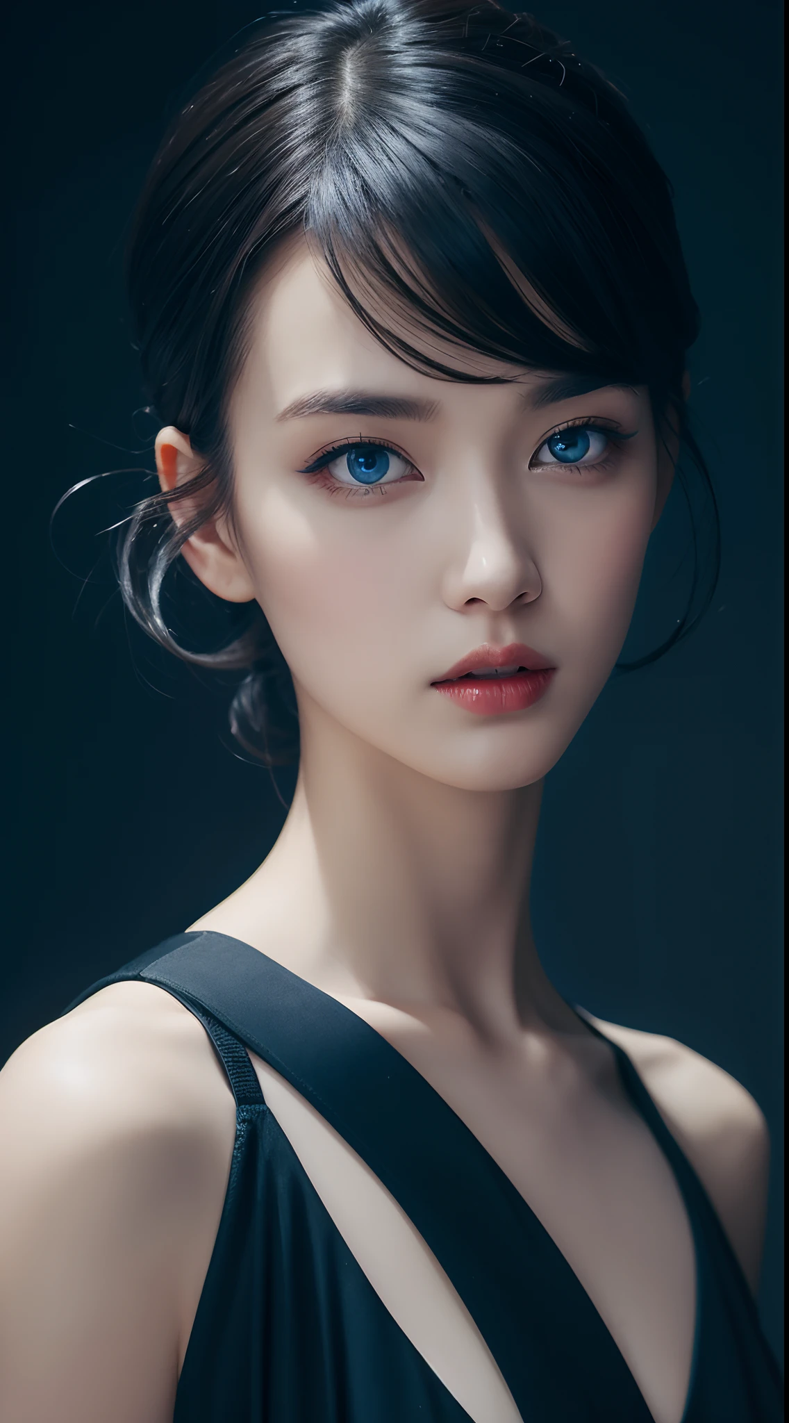 Black updo hair,Dark blue eyes
