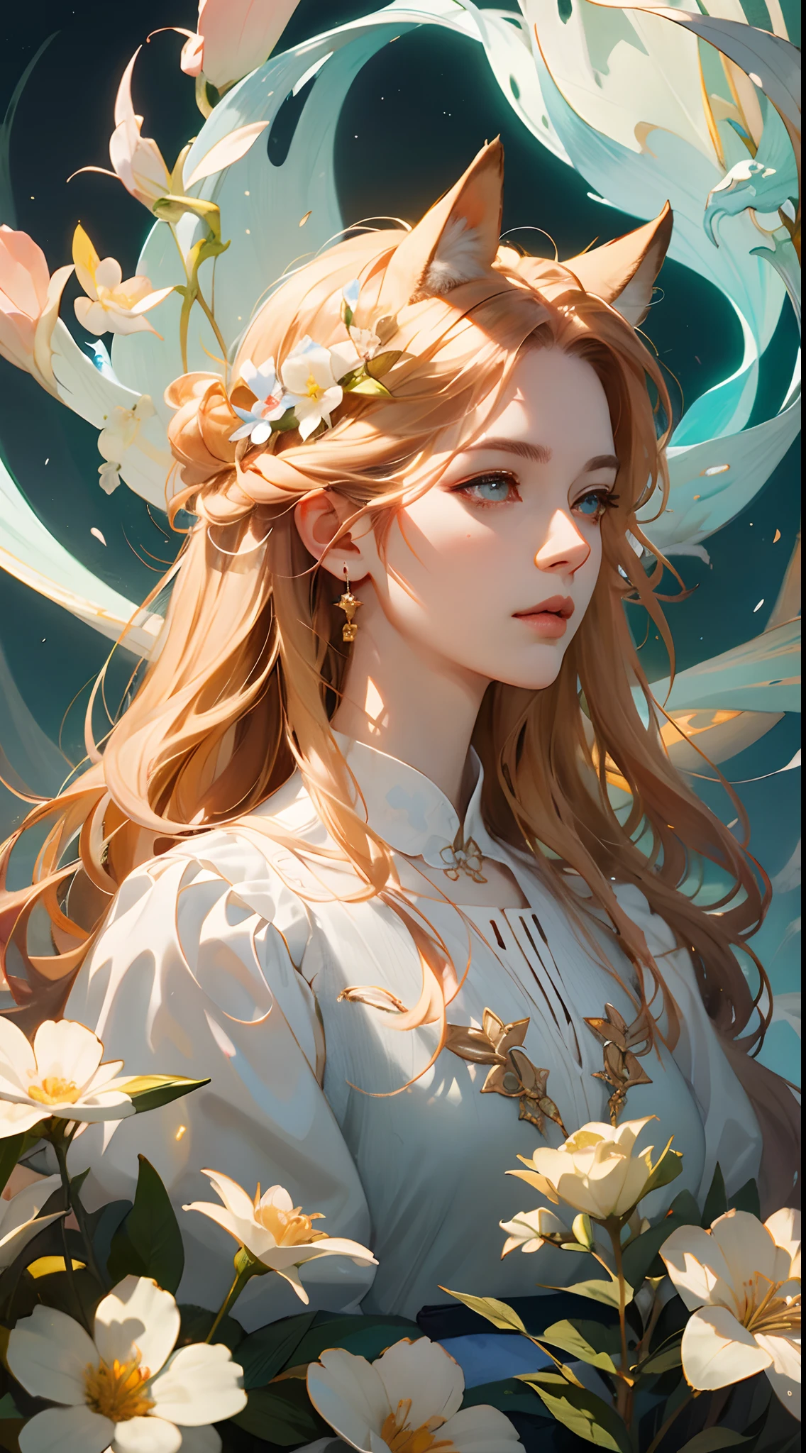 high high quality，tmasterpiece，Delicate facial features，Delicate hair，Delicate eyes，Delicate hair，（Quality：HD CG anime wallpaper），Cute aesthetic style，animemanga girl，fox demon，fox ear，cabellos largos dorados，pinkdress，Fantastic flower garden，florals，digitial painting，artstation，concept-art，Clear focus，illustratio，The art of Greg Rutkowski and Alphonse Mucha and Victo Ngai（Delicate facial portrayal）（Fine hair portrayal）（highest  quality）（Master masterpieces）（High degree of completion）（bust）（a sense of atmosphere）8k wallpaper，tmasterpiece，Best quality at best，ultra - detailed（half-body portrait）