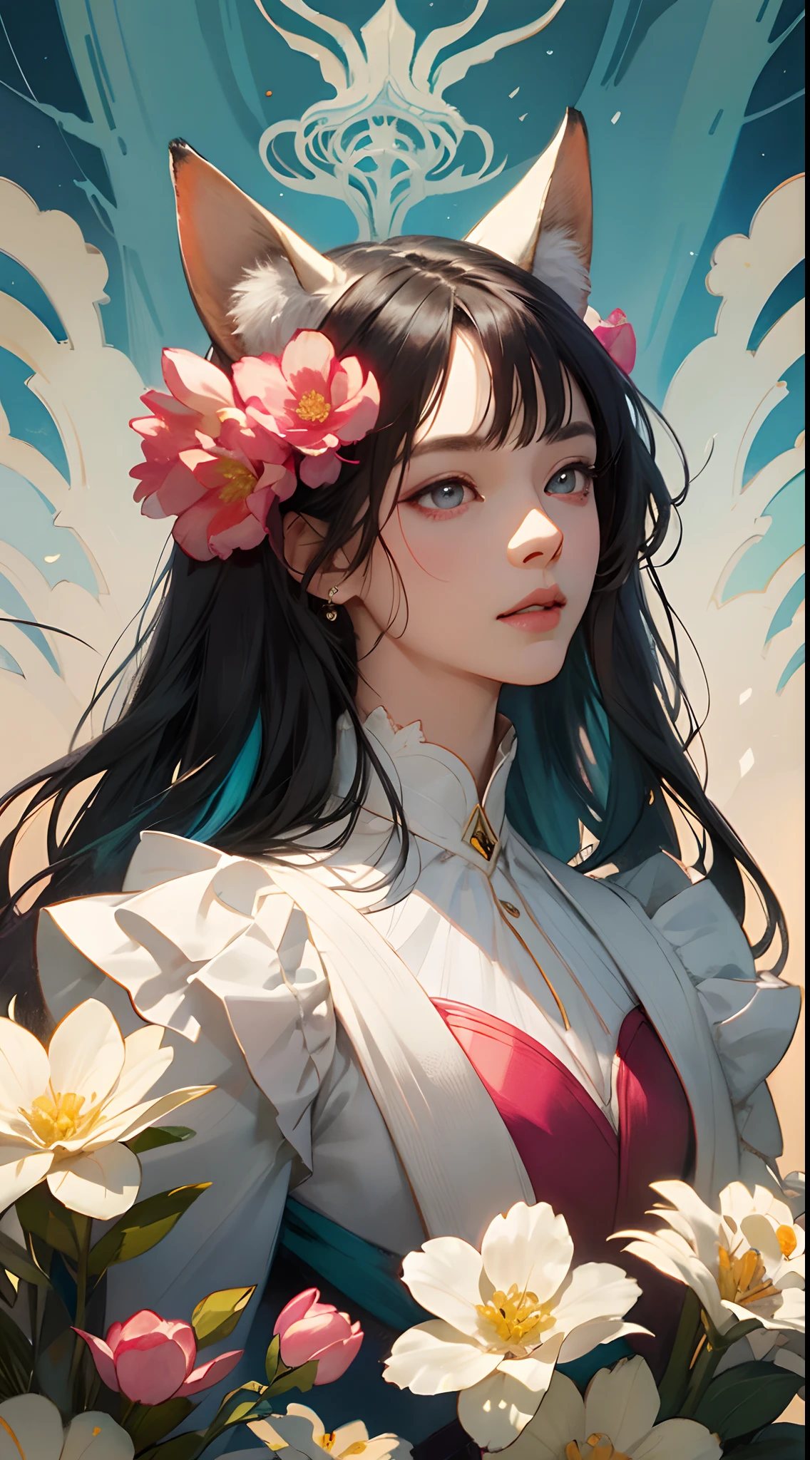 high high quality，tmasterpiece，Delicate facial features，Delicate hair，Delicate eyes，Delicate hair，（Quality：HD CG anime wallpaper），Cute aesthetic style，animemanga girl，fox demon，fox ear，cabellos largos dorados，pinkdress，Fantastic flower garden，florals，digitial painting，artstation，concept-art，Clear focus，illustratio，The art of Greg Rutkowski and Alphonse Mucha and Victo Ngai（Delicate facial portrayal）（Fine hair portrayal）（highest  quality）（Master masterpieces）（High degree of completion）（bust）（a sense of atmosphere）8k wallpaper，tmasterpiece，Best quality at best，ultra - detailed（half-body portrait）