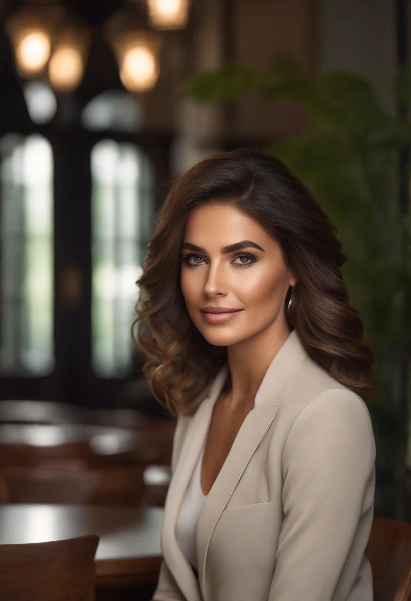 1 mulher adulta, cabelo comprido, cabelo cacheado, cabelo cor preto, pele suave, olhos castanhos, sorrir, vegetation, Occasional, Businesswoman style clothes, blaser marrom claro, realista, com fundo em um restaurante chique, 8k super realista, super detalhado e realista