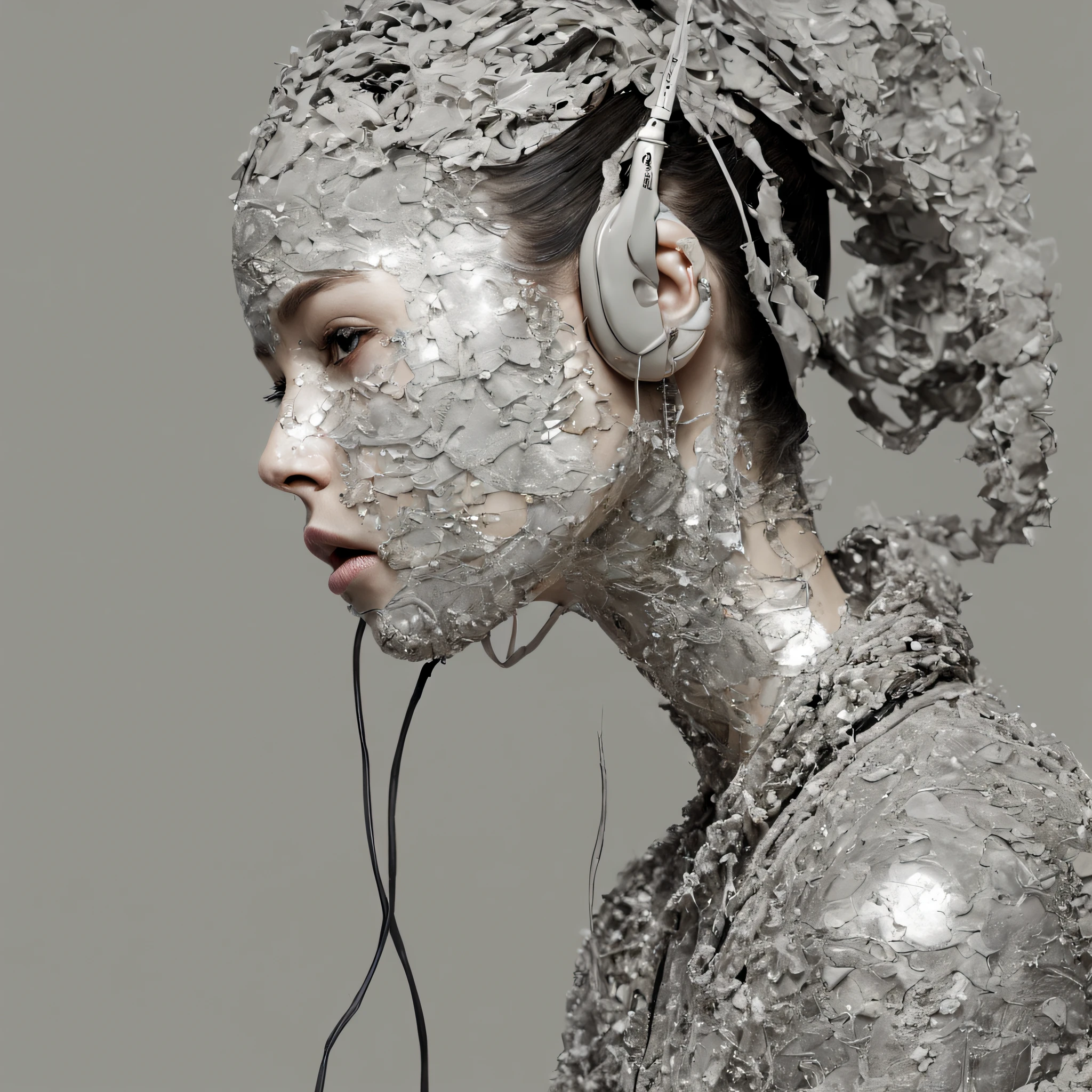 1little girl、Old plaster, (Art by Joana Vasconcelos:1.2) ,Art by Valentine Penrose, photograph, Zoom out from stressed woman, Wearing an ingenious Islamic concrete zip-up sweater, Fashion Modeling Pose, semilong hairstyle, Glossy headphones, Sketched, Shameless, Lunapunk, flat lighting,