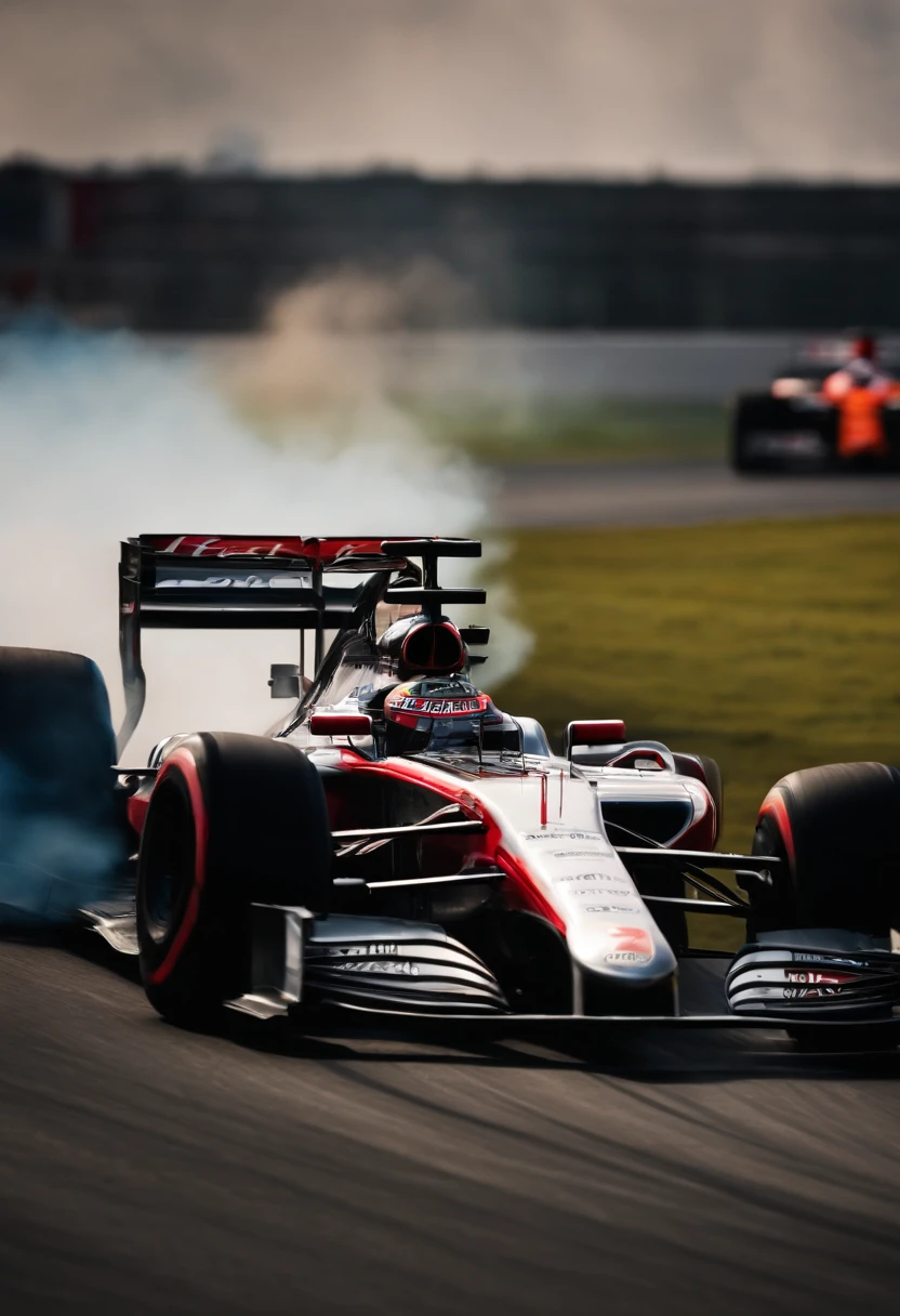 A f1 car, drifting, smokes coming from the drift