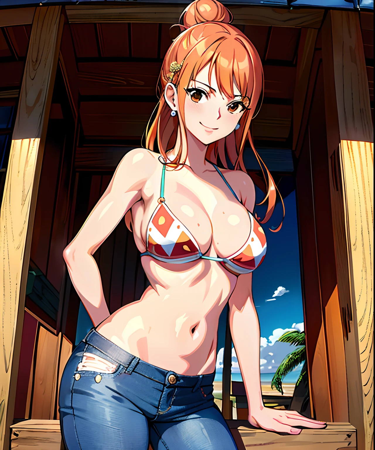 masutepiece, ((hyper detailed background, Delicate pattern, intricate detailes)), (Highly detailed, Fine details), Best Quality, Beautiful lighting,((medium breasts, Slim Girl)),  White T-shirt, jeans, Hair in a bun,  Showing , , Pink ,Visible ,Wet body , A MILF, 1girl in, Orange hair, Solo, Long hair, Jewelry, ((medium breasts, Slim Girl, bikini top only, jeans)), Brown eyes, Smile, earrings, cleavage, Bracelet, 鎖骨, Navel, Blue tattoo, (intricate detailed background, Outside, Beach environment, Sunny, Nature, Wooden Ship Decking), ((close-up, Portrait)),