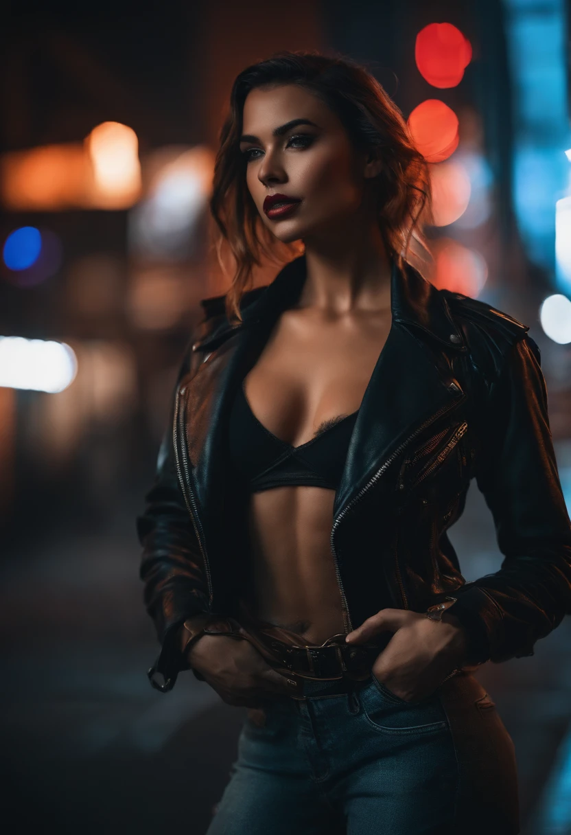 Portrait of emb-haiz, beau visage, Dans Cyberpunk City la nuit. Elle porte une veste ouverte en cuir,lingerie, Jeans noirs, dramatic lighting, (Insigne de police:1.2).