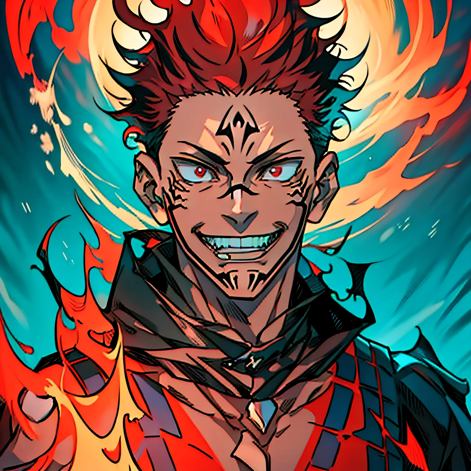 (masterpiece, top-quality:1.2) Ryomenskna (Jujutsu Kaisen), ryoumen, Sukuna, ember, Solo, 4K, hight resolution, 详细的脸, face tattoo, cinematic lightening, Badass, a smile, macabre smile