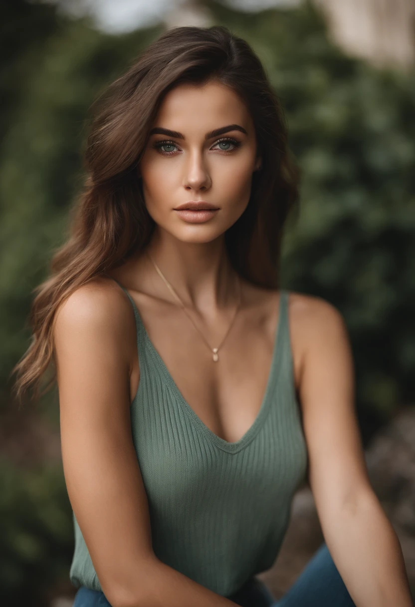 Arafed woman with a white tank top and necklace, ipanique,fille sexy aux yeux verts, Portrait Sophie Mudd, cheveux bruns et grands yeux, selfie of a young woman, Yeux de chambre, Violet Myers, sans maquillage, maquillage naturel, looking straight at camera, Visage avec Artgram, Maquillage subtil, Superbe photo du corps entier, piercing green eyes, Bel angle, pose attrayante, fille mignonne, sexy pose, Image du corps entier, corps entier, Prise de vue du corps entier, brunette goddess, High detail, pose satisfaite, Pantalon en cuir