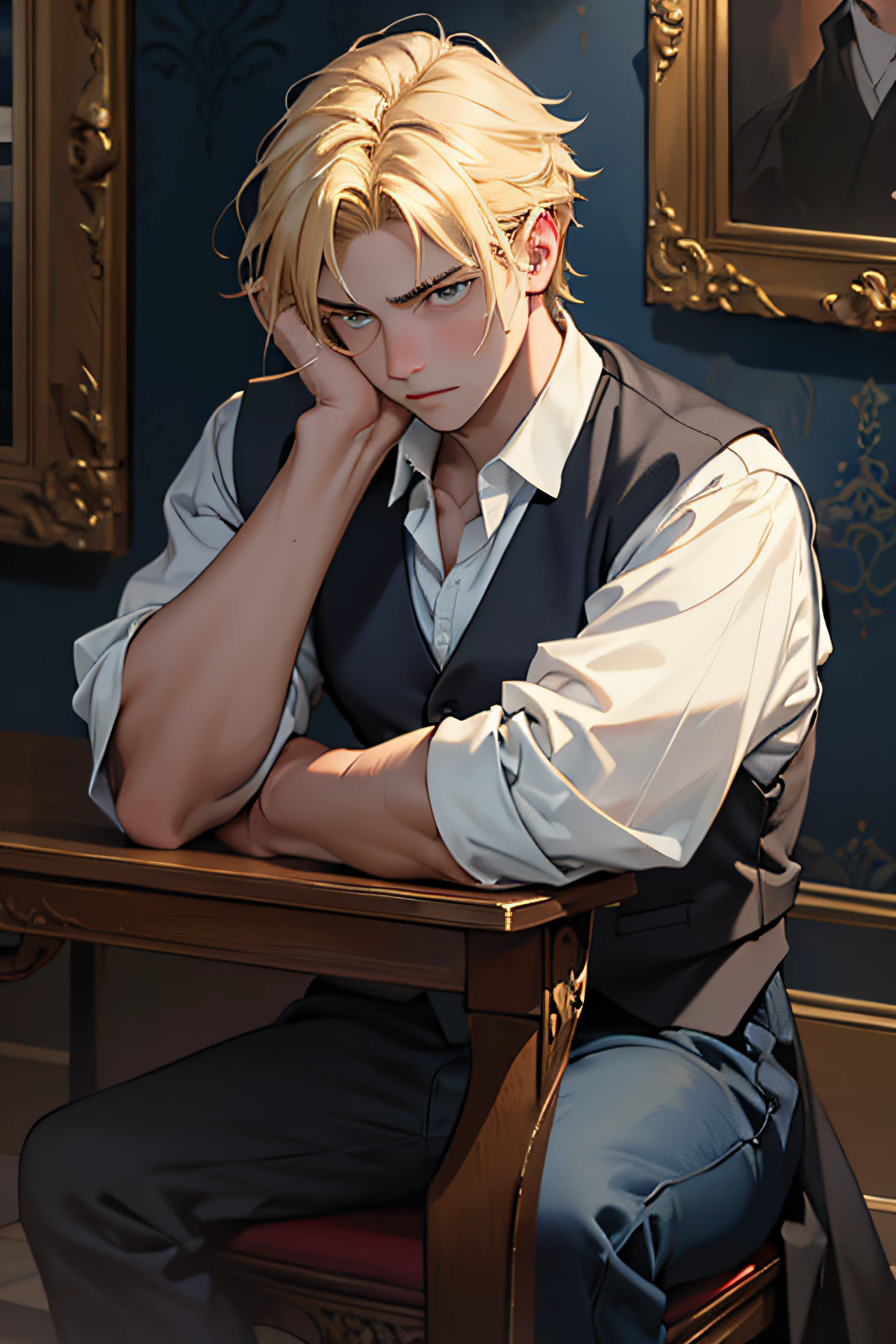 Imagen de estilo anime de un hombre sentado en una mesa con la mano en ...