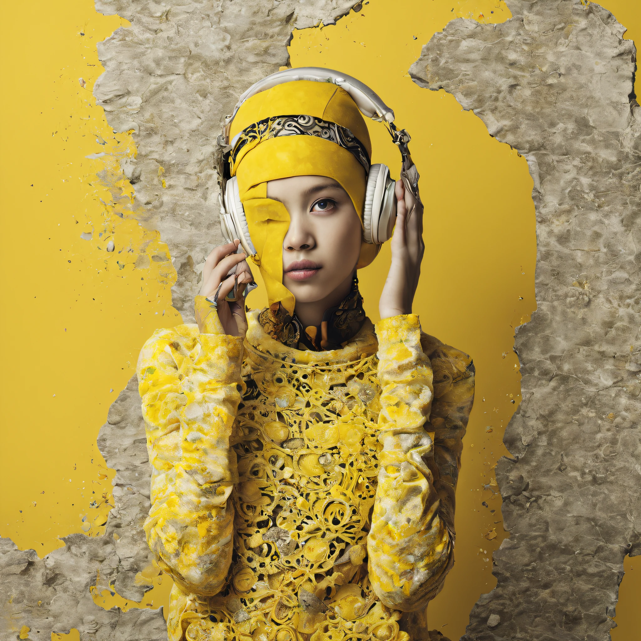 1little girl、Old plaster, (Art by Joana Vasconcelos:1.4) ,Art by Valentine Penrose, photograph, Zoom out from stressed woman, Wearing an ingenious Islamic concrete sweater, Fashion Modeling Pose, semilong hairstyle, Glossy headphones, Sketched, Shameless, Lunapunk, flat lighting, Yellow theme background