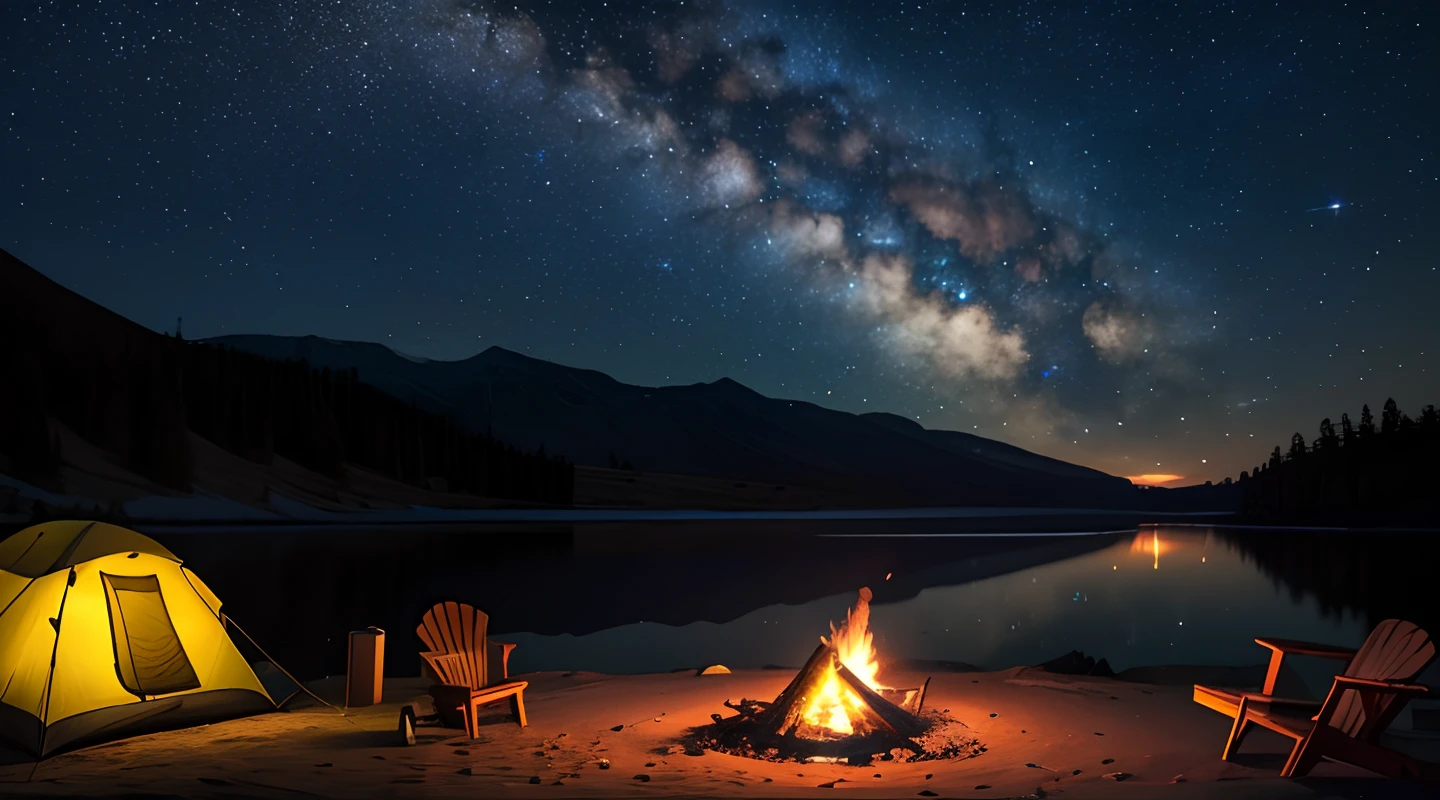 (best quality,highres,ultra-detailed),photorealistic,campsite,tent,campfire,barbecue grill,camping chair,starry sky,quiet place,beautiful scenery,lantern light,deserted