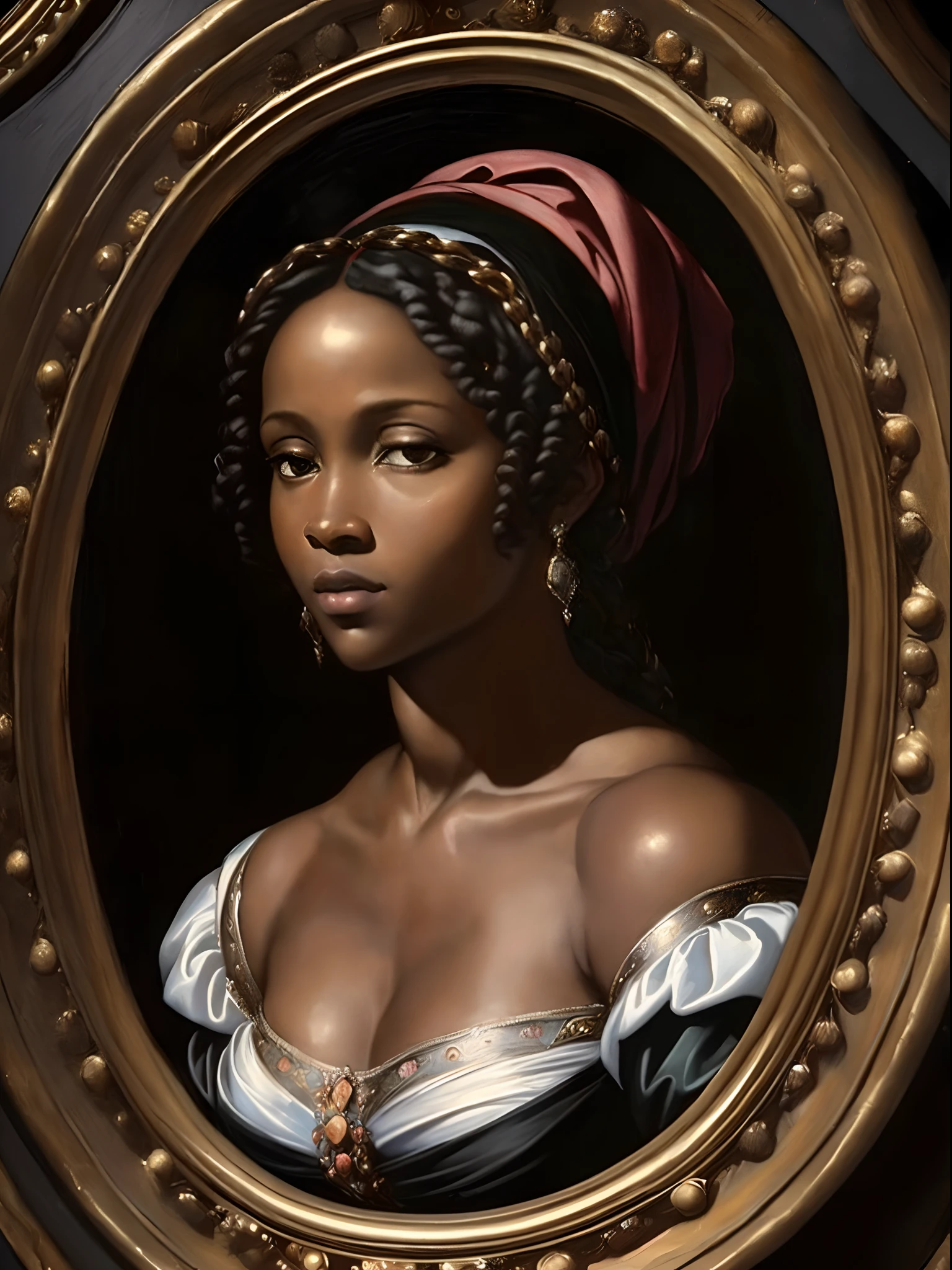 (Renaissance oil painting of a beautiful black woman:1.3), best quality, masterpiece, expressive, thrilling, 256k, epic, crepuscular lights, (by Michelangelo, by Rafael, by Rubens:1.2), chiaroscuro, best quality, masterpiece, (best hands)