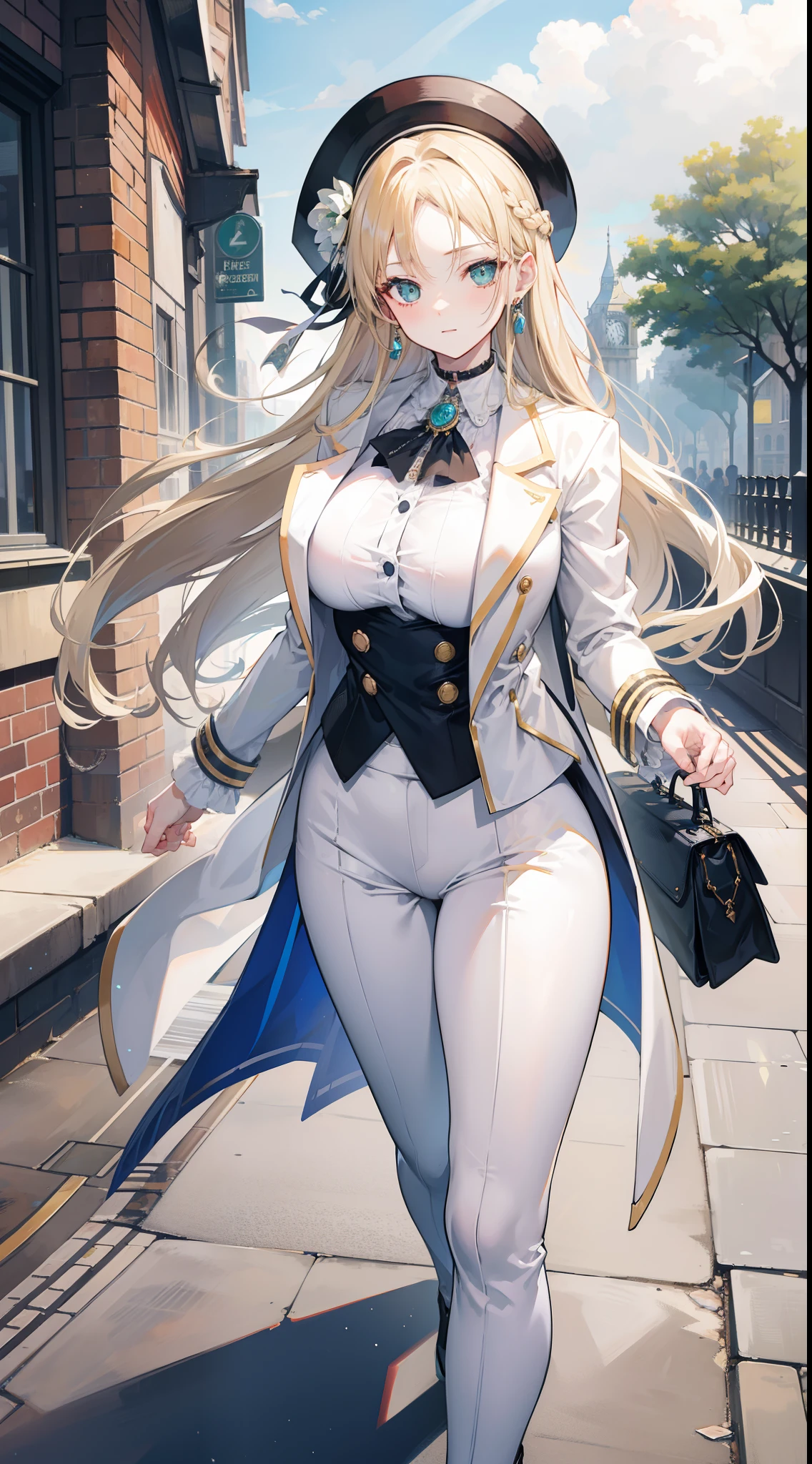 Chains,耳Nipple Ring,choker necklace,forehead,middle parted hairstyle,femele,Train station,Steam trains,a beauty girl,Long light blonde hair,green pupills,Business suit,white business suit,in suit,White color blouse,wind coat,cowboy hat,Flower arrangement on hat,The streets of London,Black leather shoes,tiese,wind coat,ssmile,huge tit