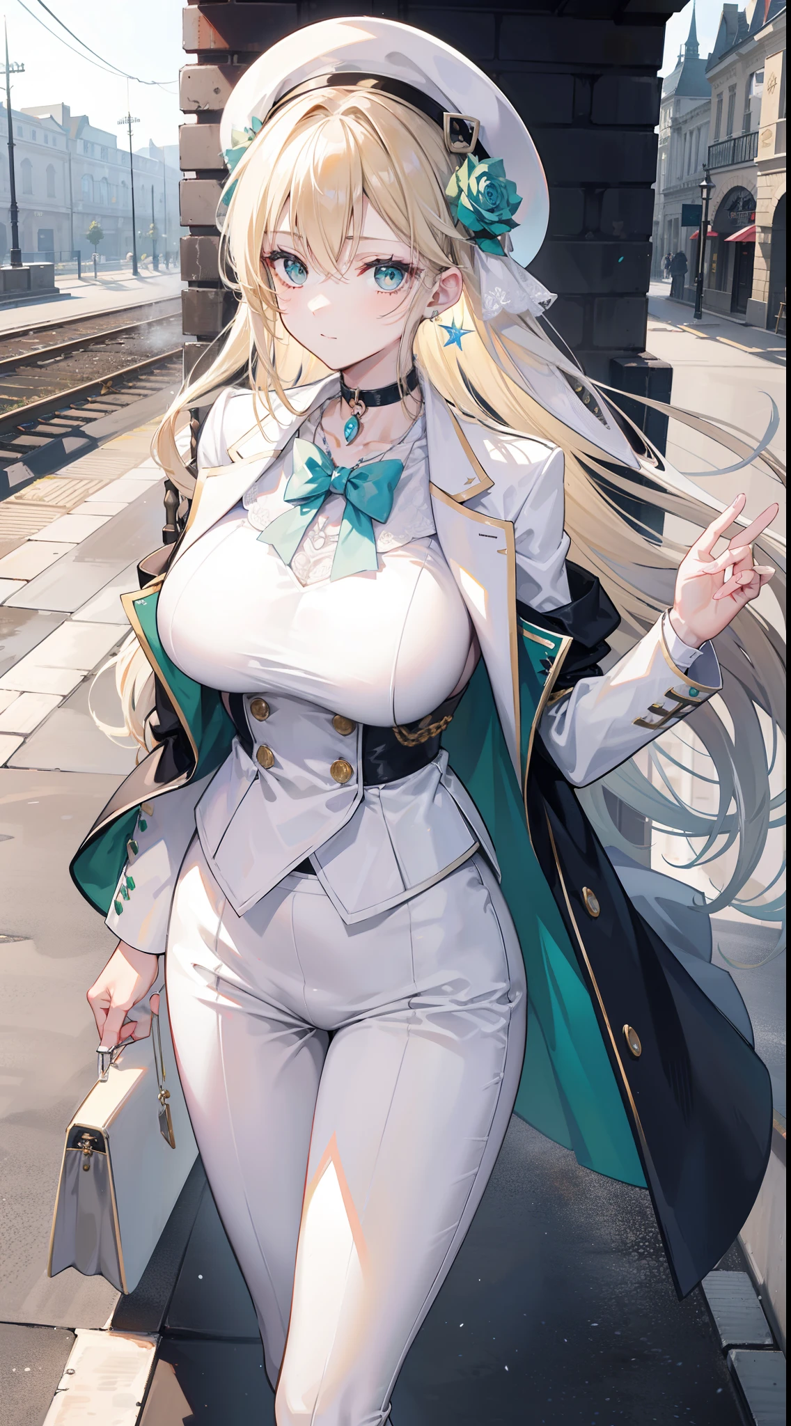 Chains,耳Nipple Ring,choker necklace,Forehead,middle parted hairstyle,femele,Train station,a beauty girl,Long light blonde hair,green pupills,Business suit,white business suit,in suit,White color blouse,((Black panty)),wind coat,Cowboy hat,Flower arrangement on a hat,The streets of London,(Asymmetrical boots),obi strip,tiese,wind coat,ssmile,huge tit,(cleavage),(huge tit),((Lace lingerie big breasts)),(condom)